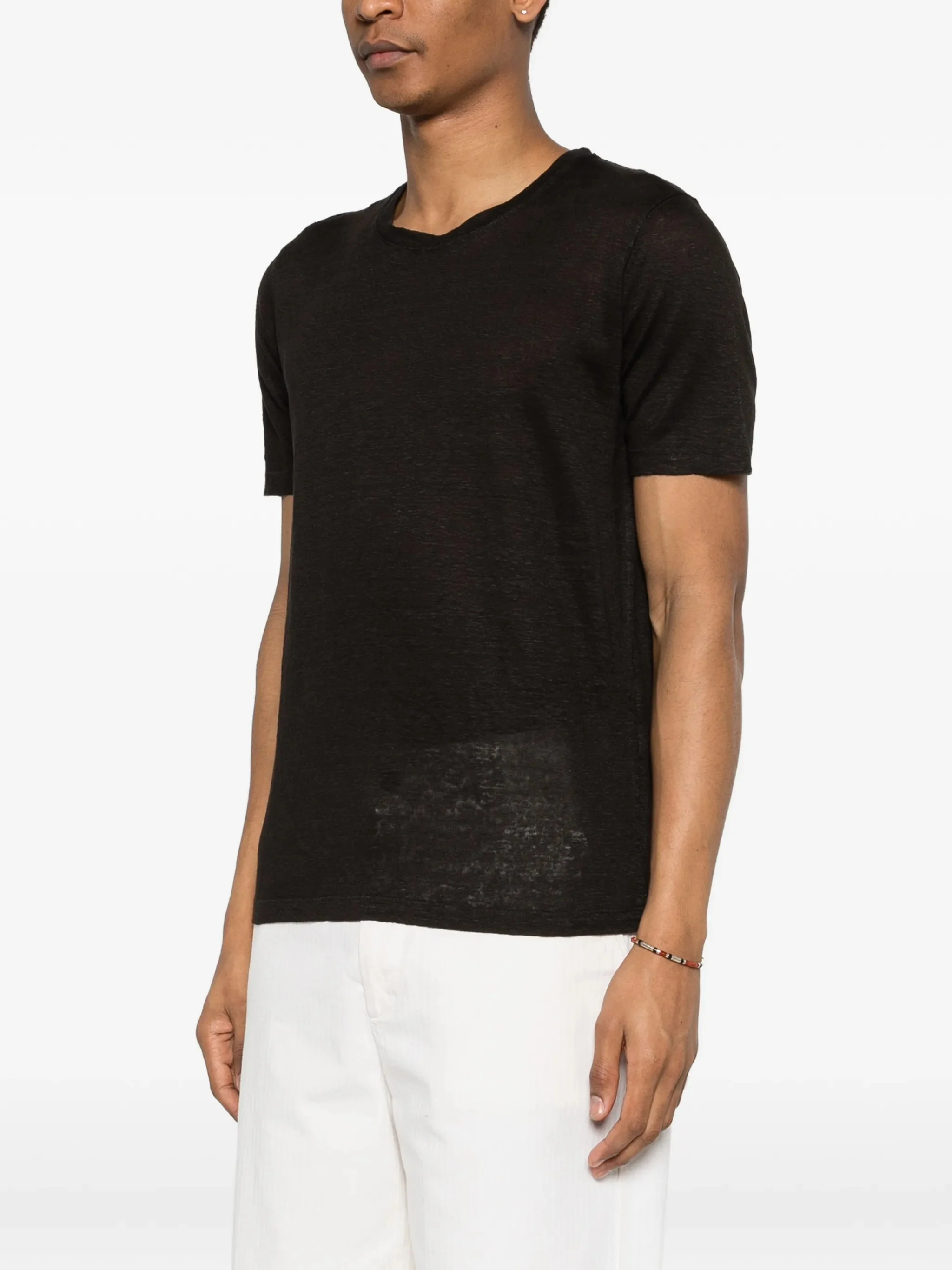 120% Lino 100% Linen Crew Neck T-Shirt with Embroidered Logo - Image 3