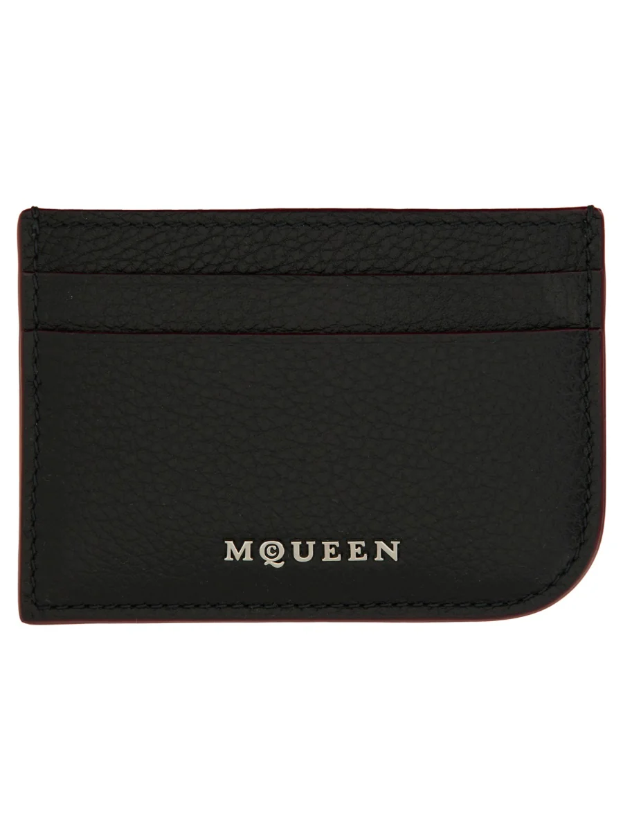 ALEXANDER McQUEEN Sling Card Holder in Full Grain Calfskin with Oxblood Patent Trim