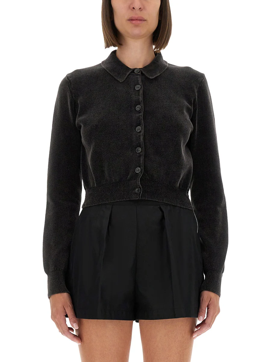 ALEXANDER WANG Crop Cardigan with Polo Collar in Cotton Blend Velvet