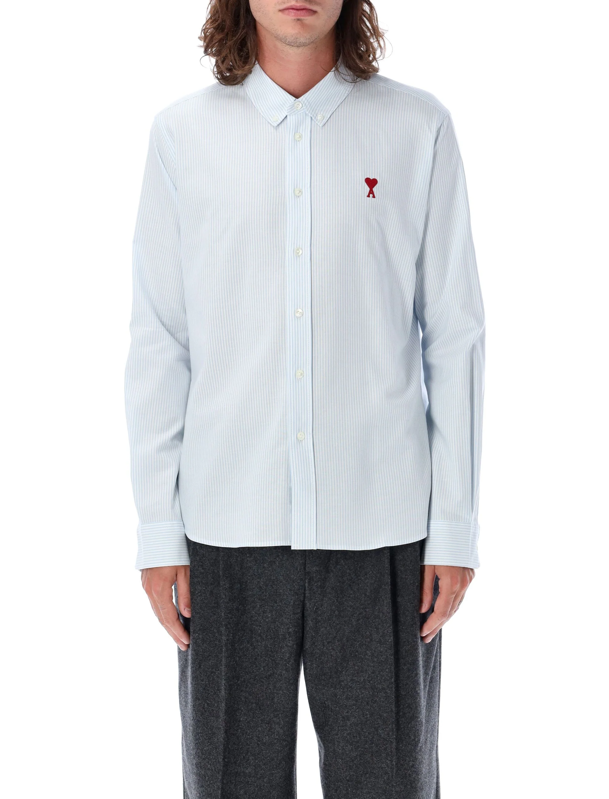 Ami Paris Men’s Fine Striped Cotton Button-Down Shirt with Red Embroidered Heart