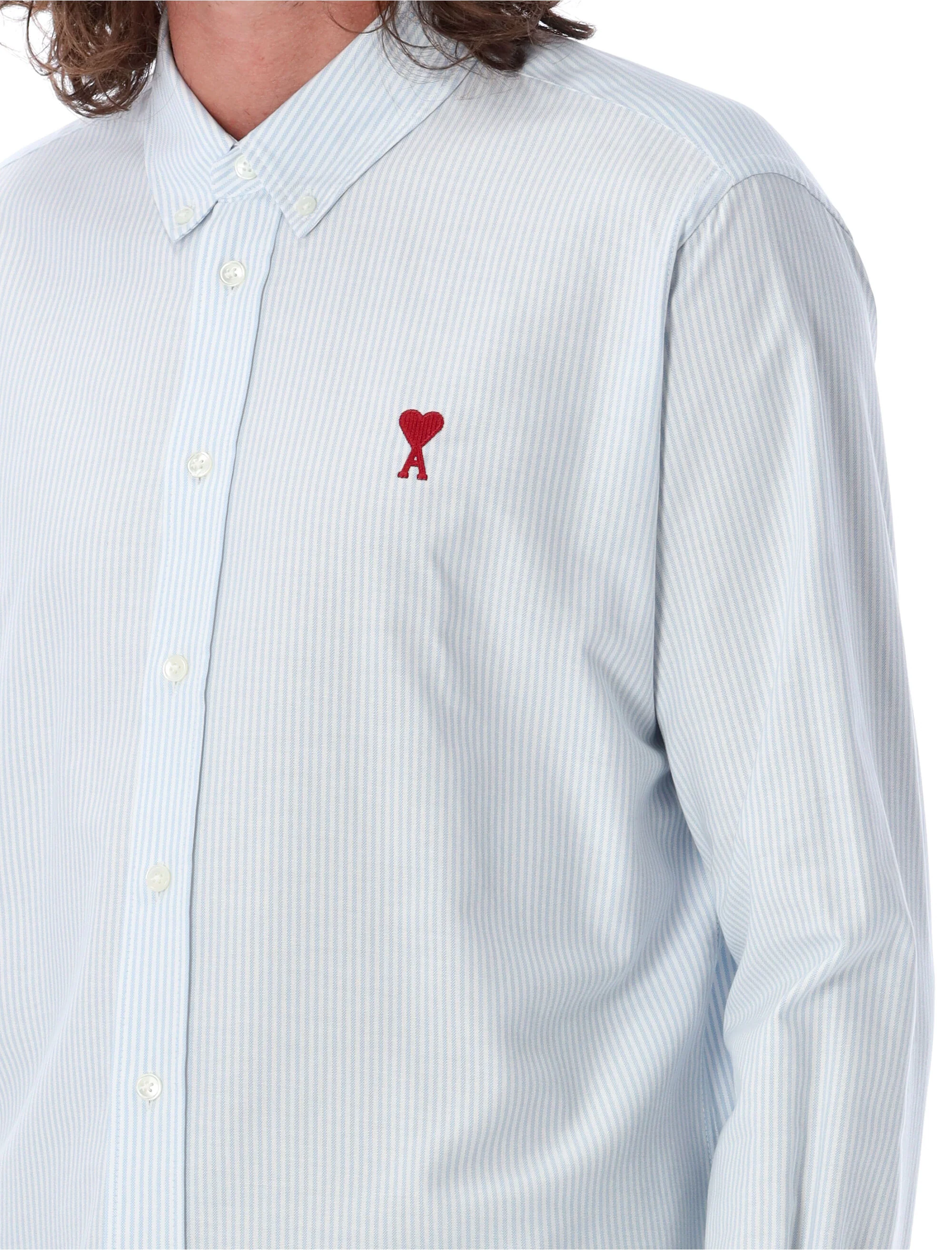 Ami Paris Men’s Fine Striped Cotton Button-Down Shirt with Red Embroidered Heart - Image 3