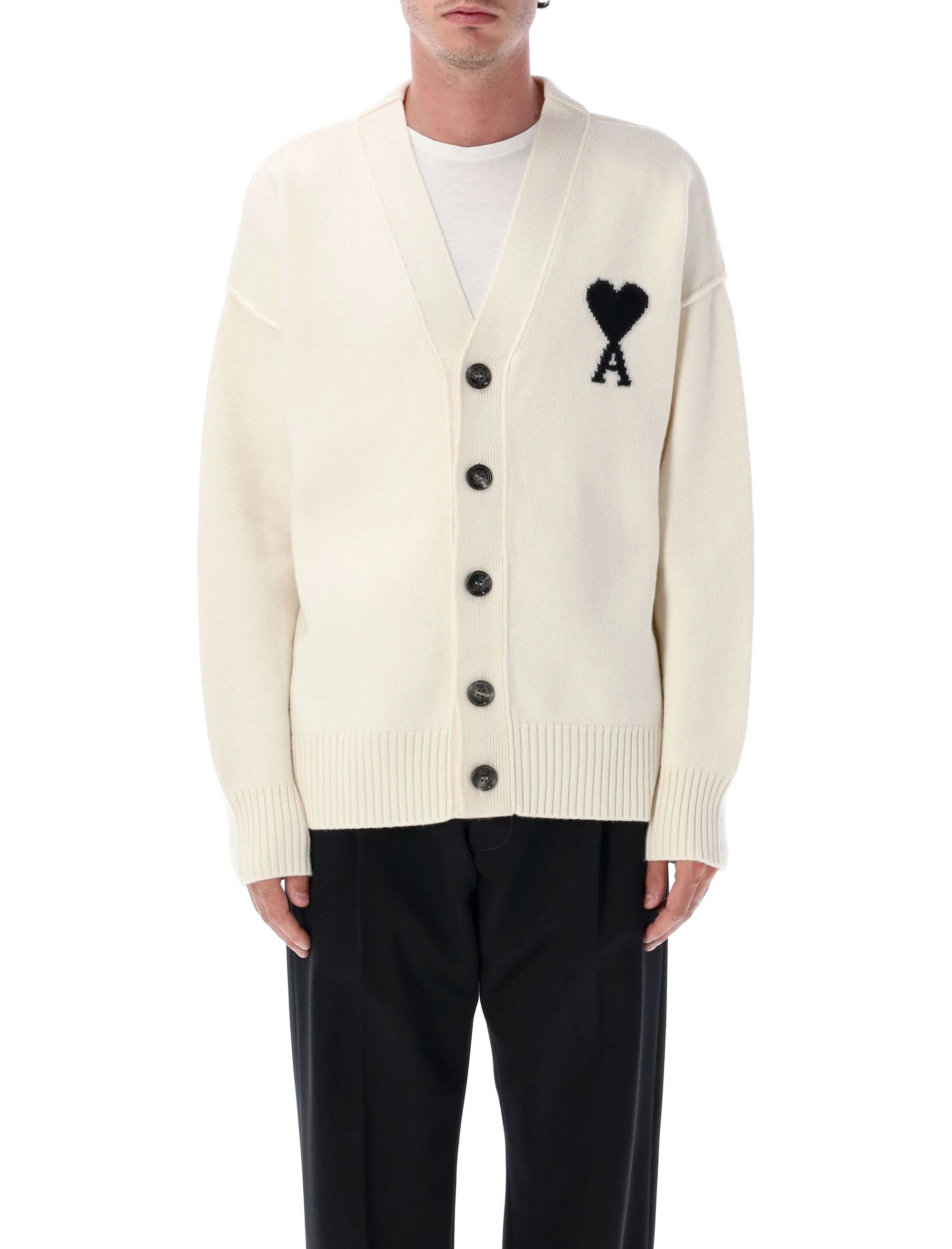 Ami Paris Men’s V-Neck Wool Cardigan with Heart Intarsia and Ribbed Trim
