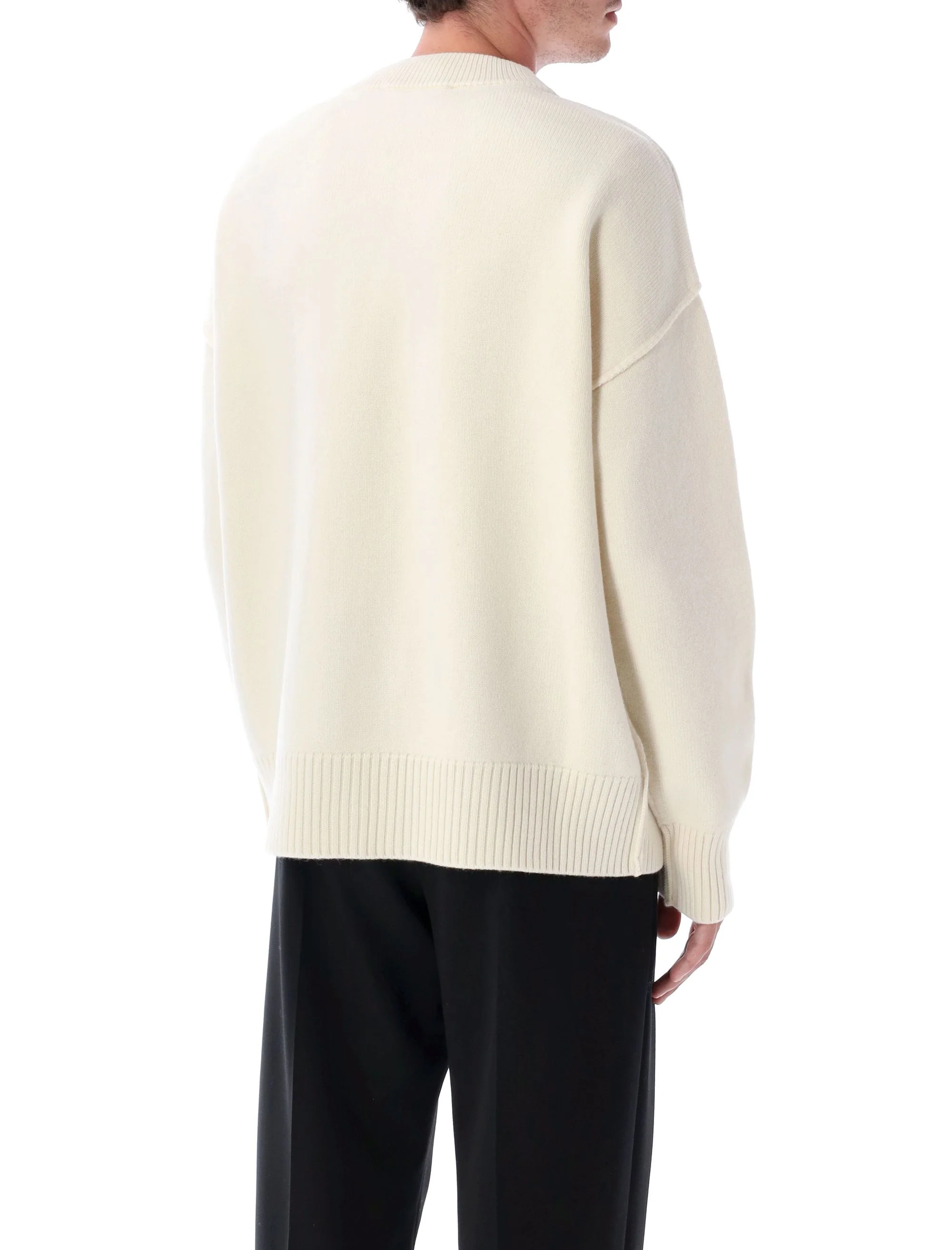 Ami Paris Men’s V-Neck Wool Cardigan with Heart Intarsia and Ribbed Trim - Image 2