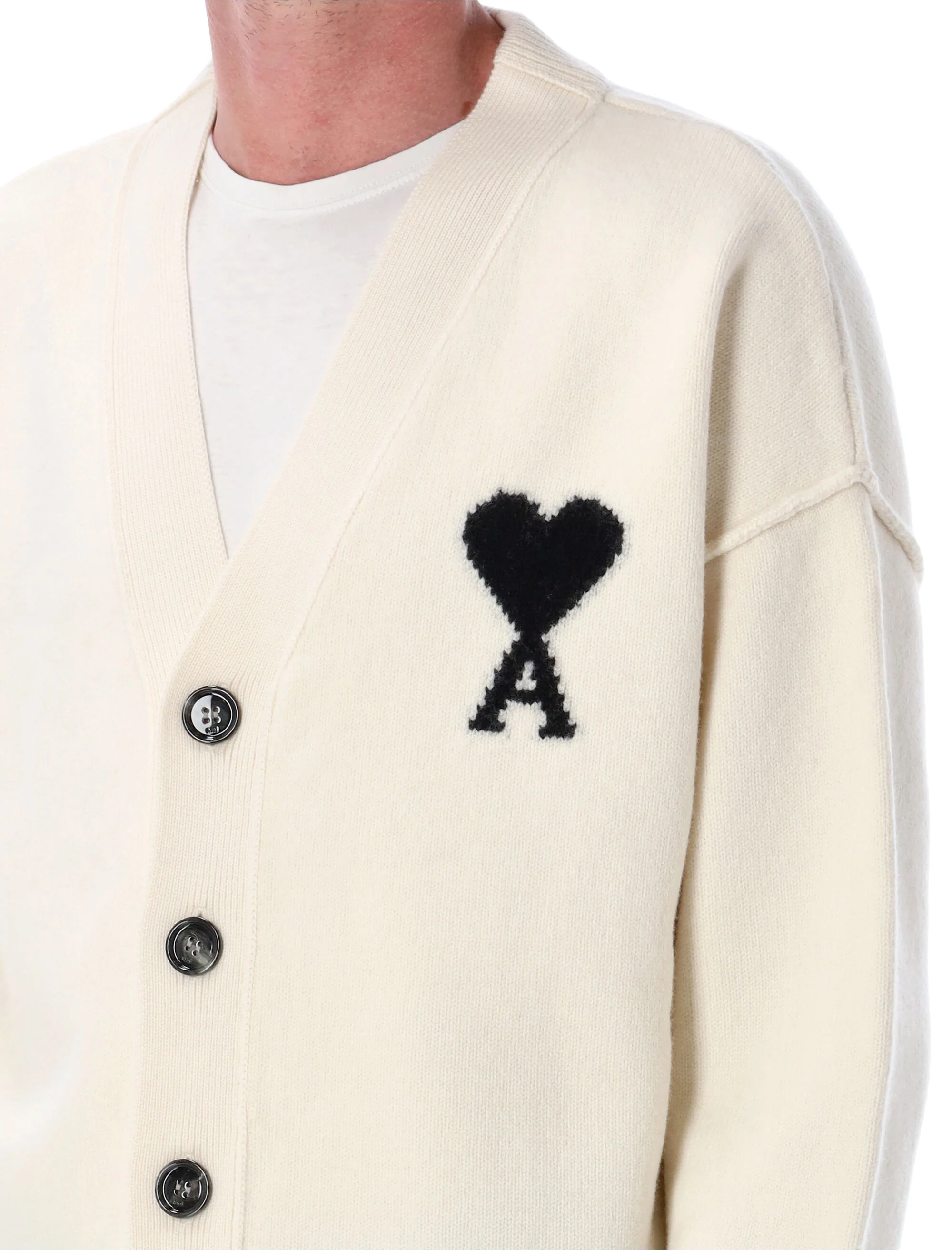Ami Paris Men’s V-Neck Wool Cardigan with Heart Intarsia and Ribbed Trim - Image 3
