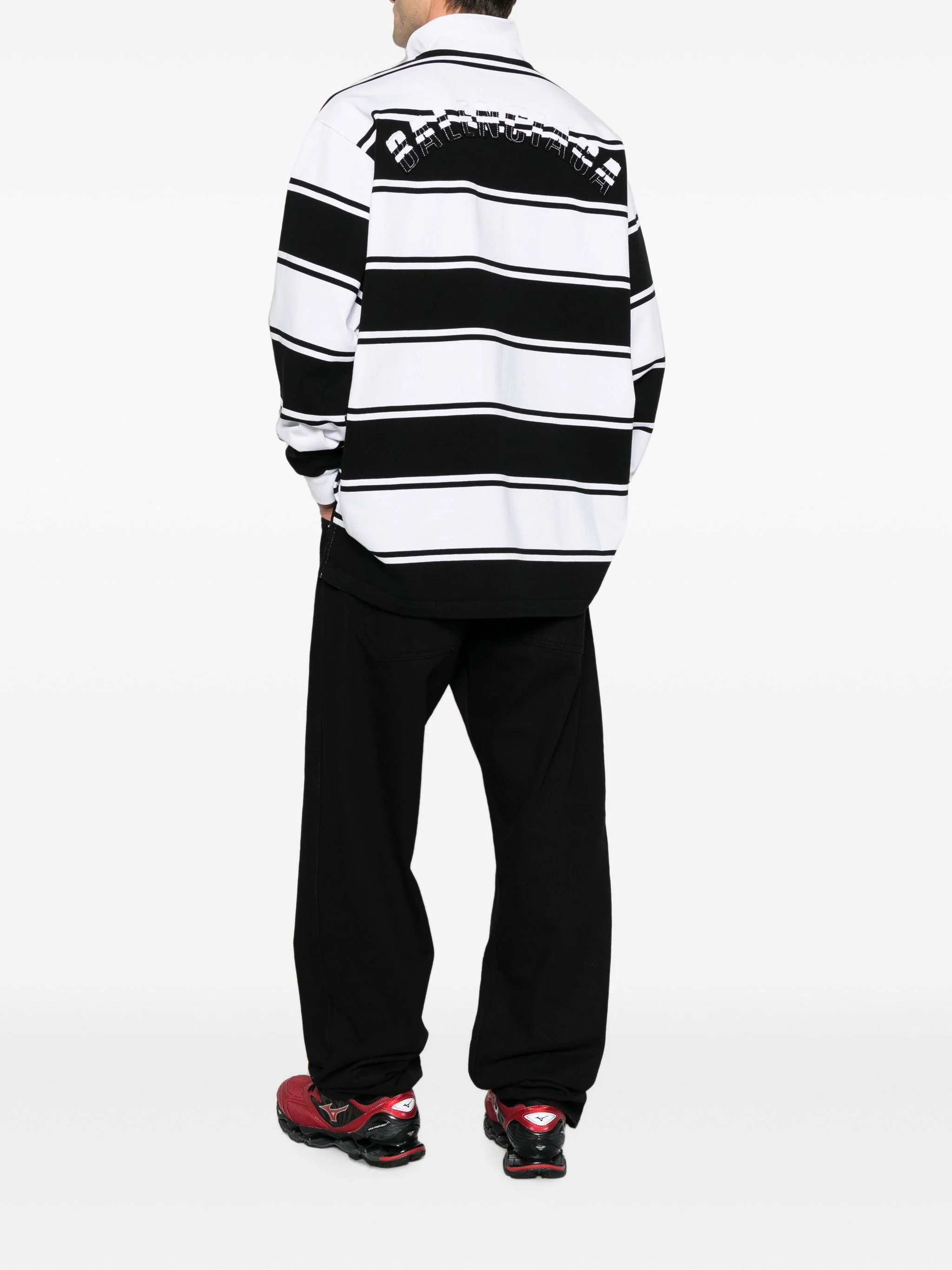 Balenciaga Men’s Striped Logo Paint-Detail Polo Shirt - Image 3