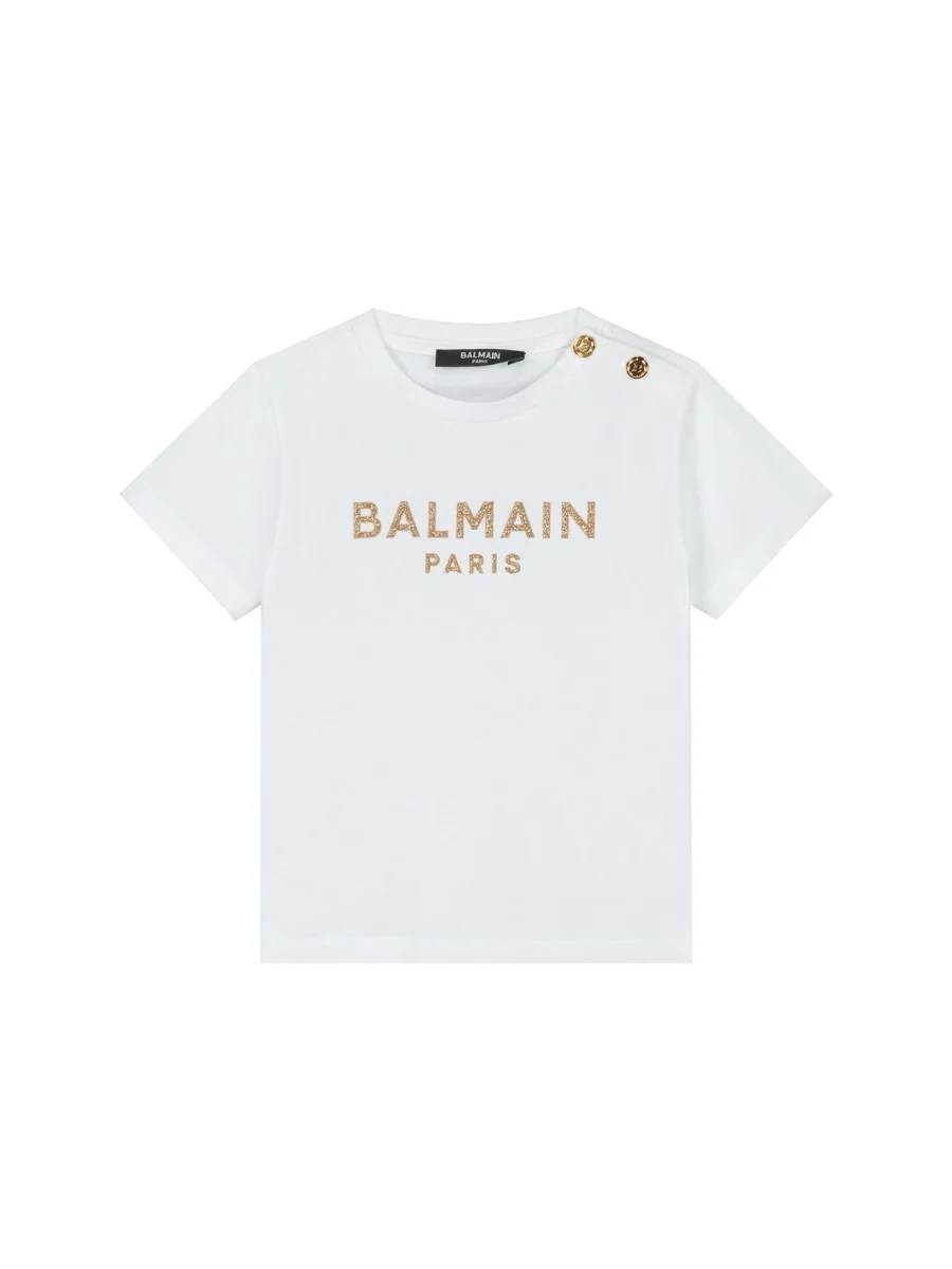 Balmain Girls' Mini Short Sleeve T-Shirt with Logo and Buttons