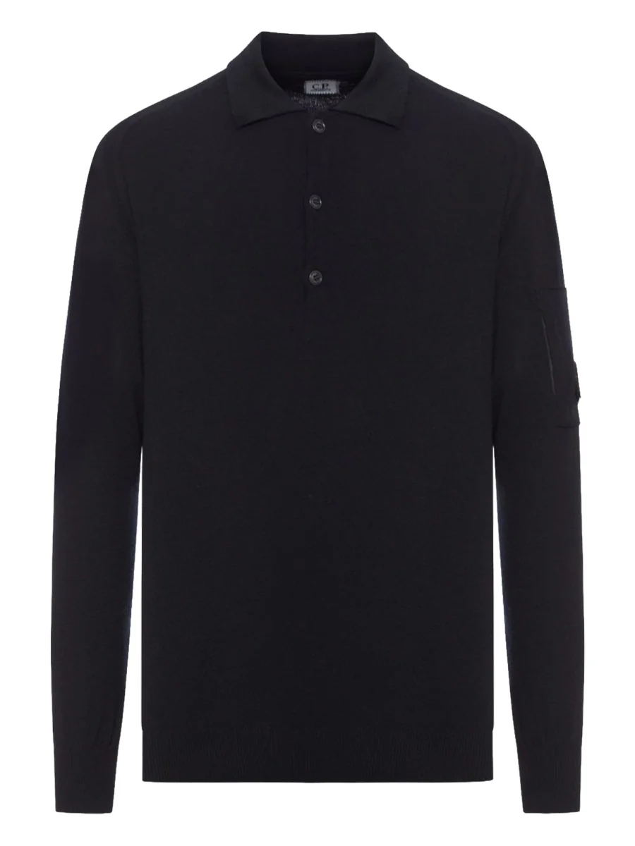 C.P. COMPANY Polo Sweater in Extrafine Merino Wool with Lens on the Left Sleeve