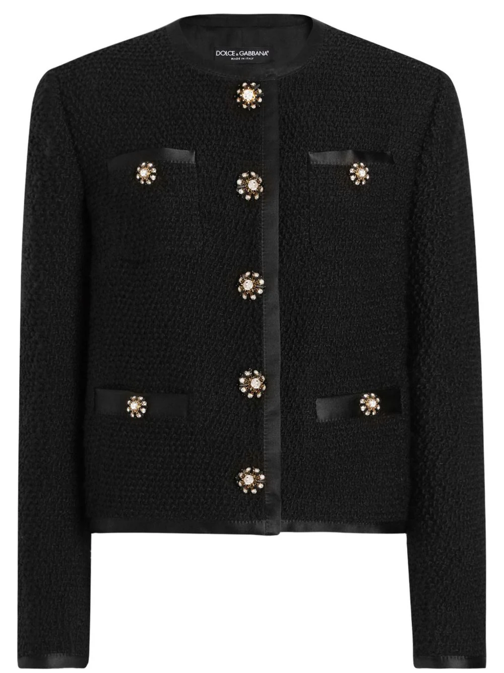 DOLCE & GABBANA Cropped Single-breasted Bouclé Tweed Jacket with Bejeweled Buttons