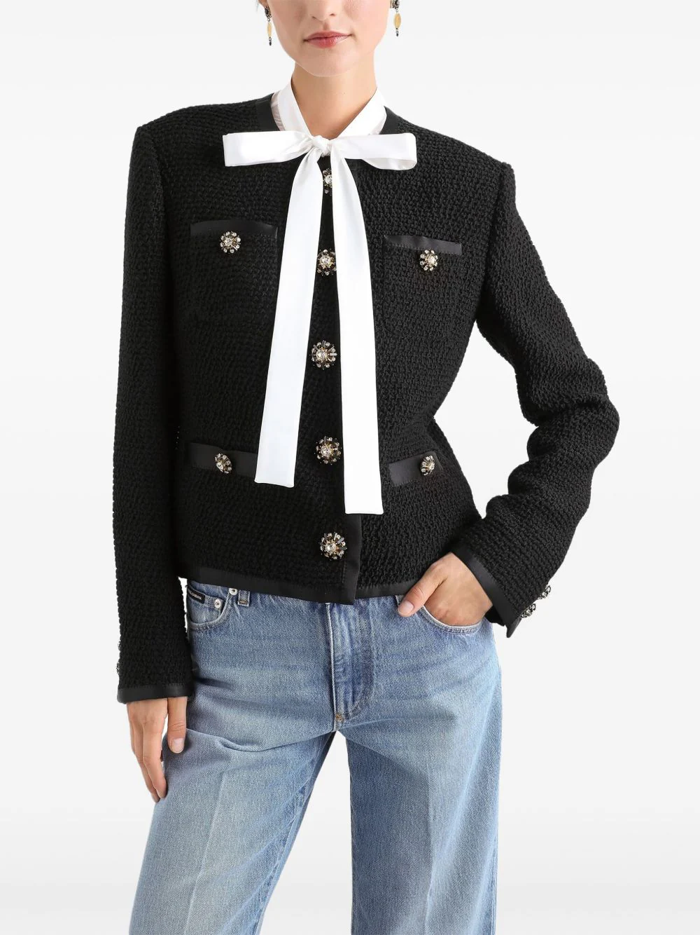 DOLCE & GABBANA Cropped Single-breasted Bouclé Tweed Jacket with Bejeweled Buttons - Image 2