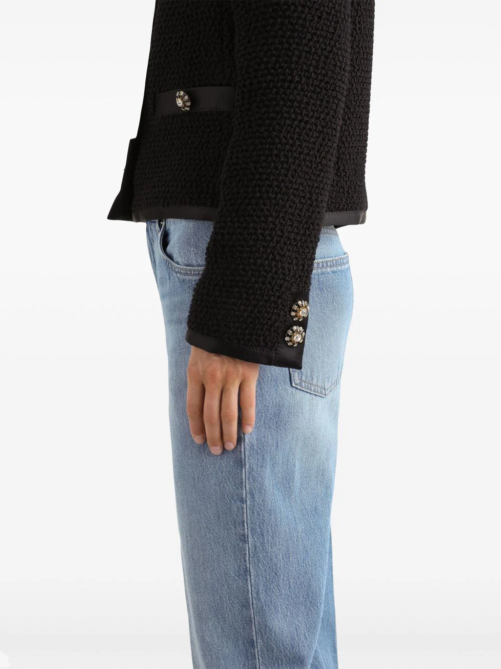 DOLCE & GABBANA Cropped Single-breasted Bouclé Tweed Jacket with Bejeweled Buttons - Image 3