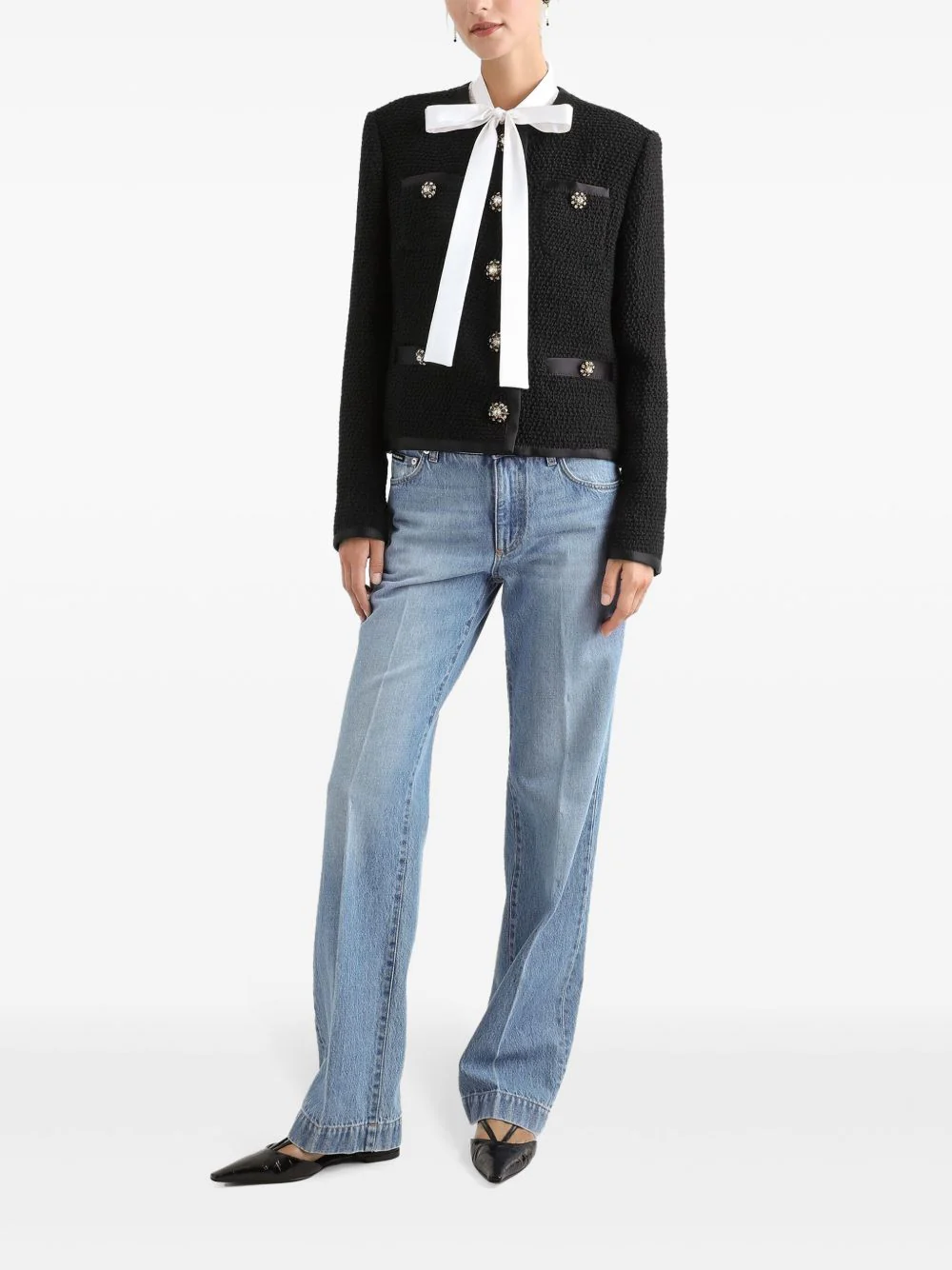 DOLCE & GABBANA Cropped Single-breasted Bouclé Tweed Jacket with Bejeweled Buttons - Image 4