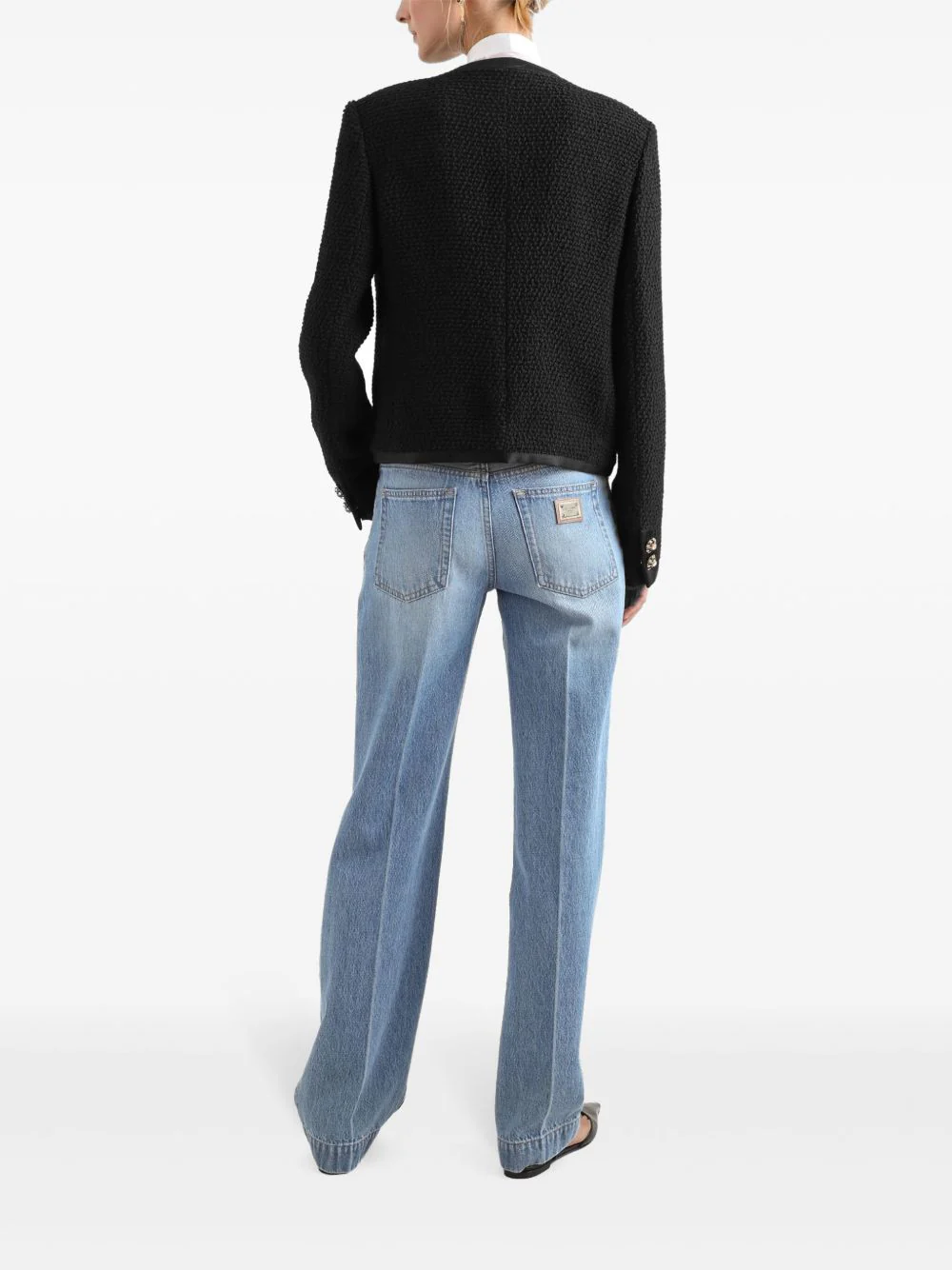 DOLCE & GABBANA Cropped Single-breasted Bouclé Tweed Jacket with Bejeweled Buttons - Image 5