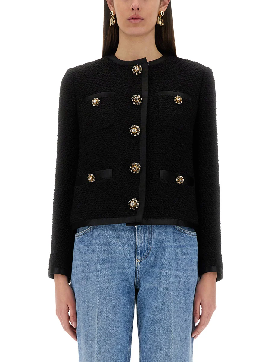 DOLCE & GABBANA Cropped Single-breasted Bouclé Tweed Jacket with Bejeweled Buttons - Image 6