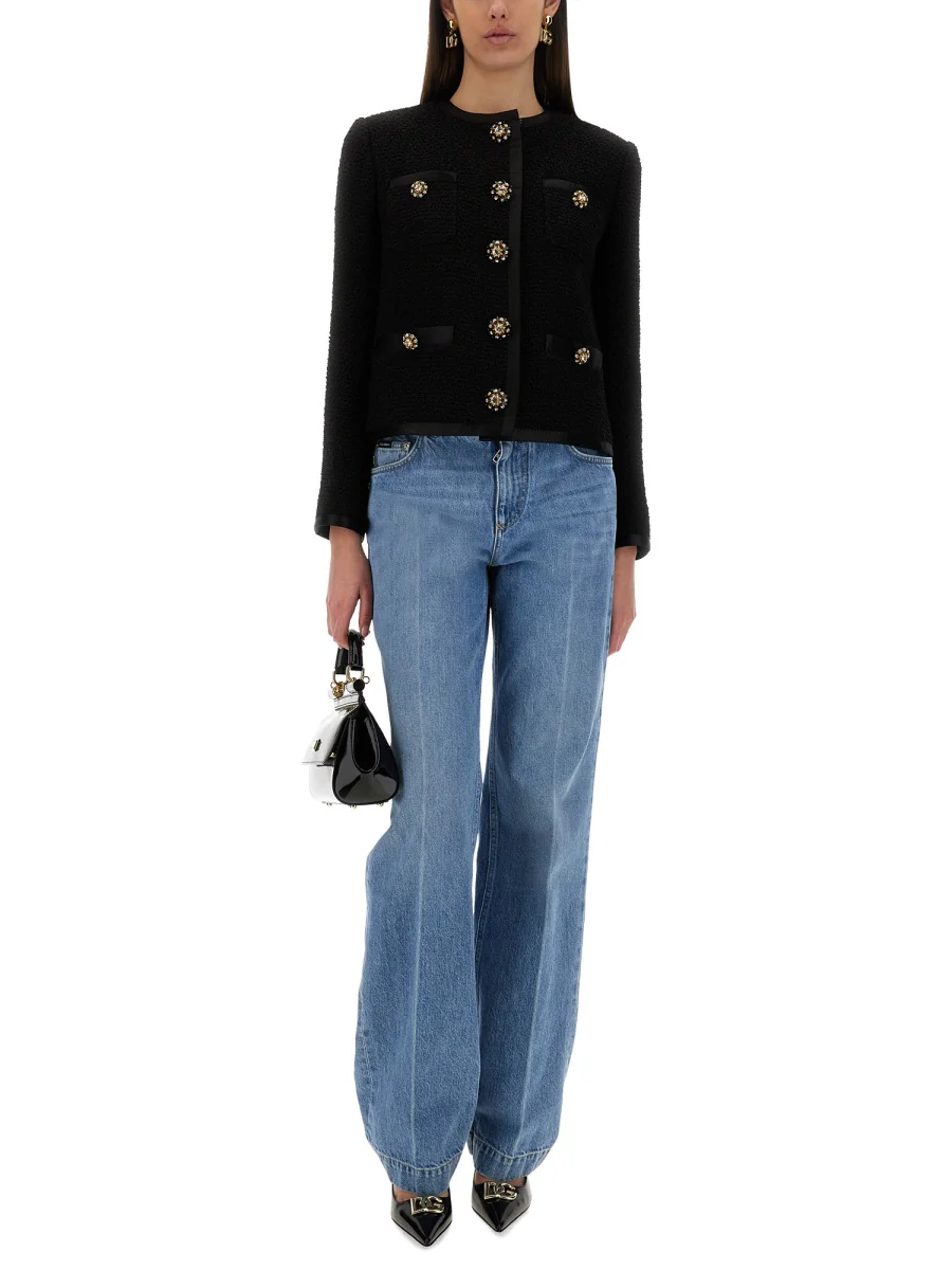 DOLCE & GABBANA Cropped Single-breasted Bouclé Tweed Jacket with Bejeweled Buttons - Image 7