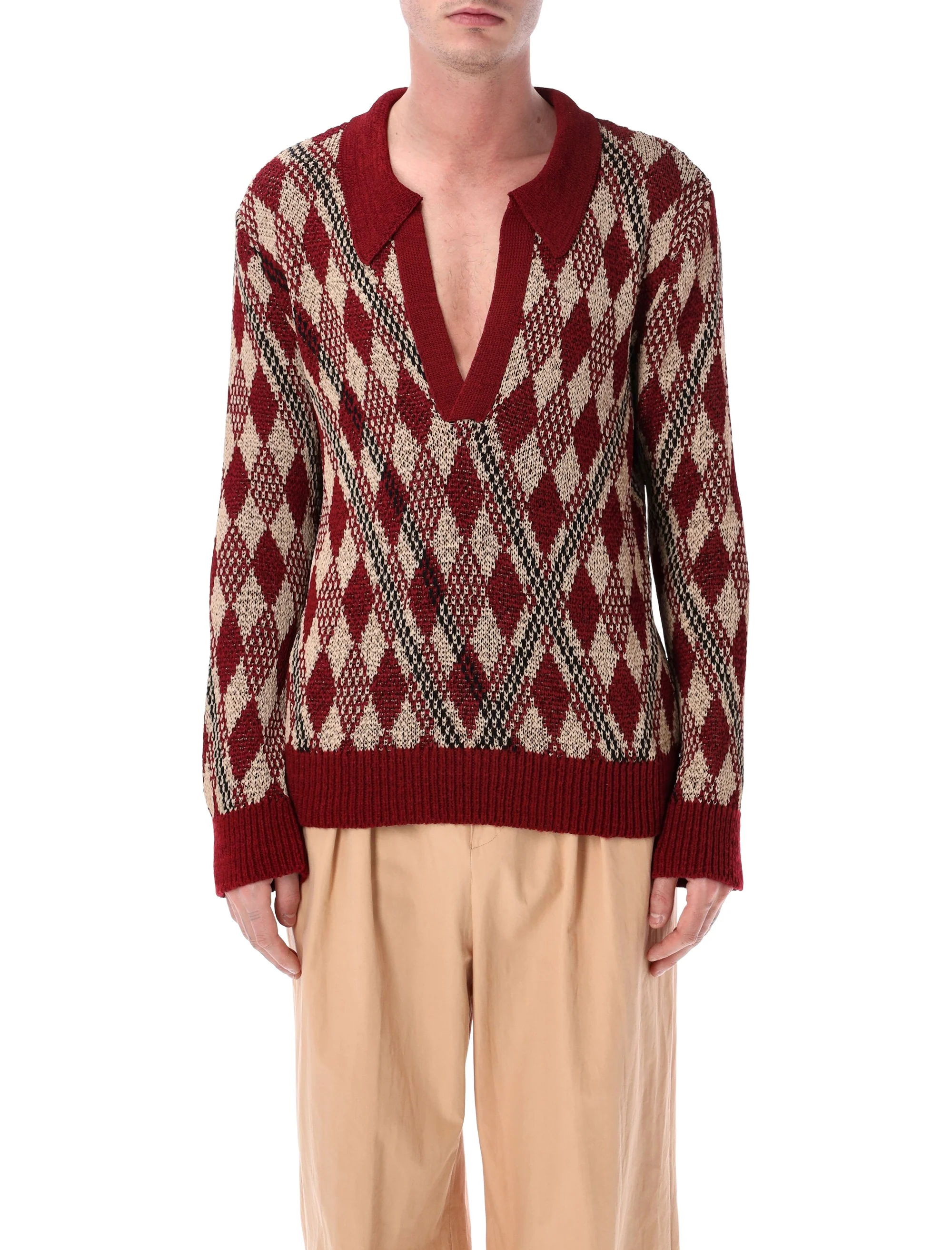 Dries Van Noten Knit Wool Diamond Polo Pullover