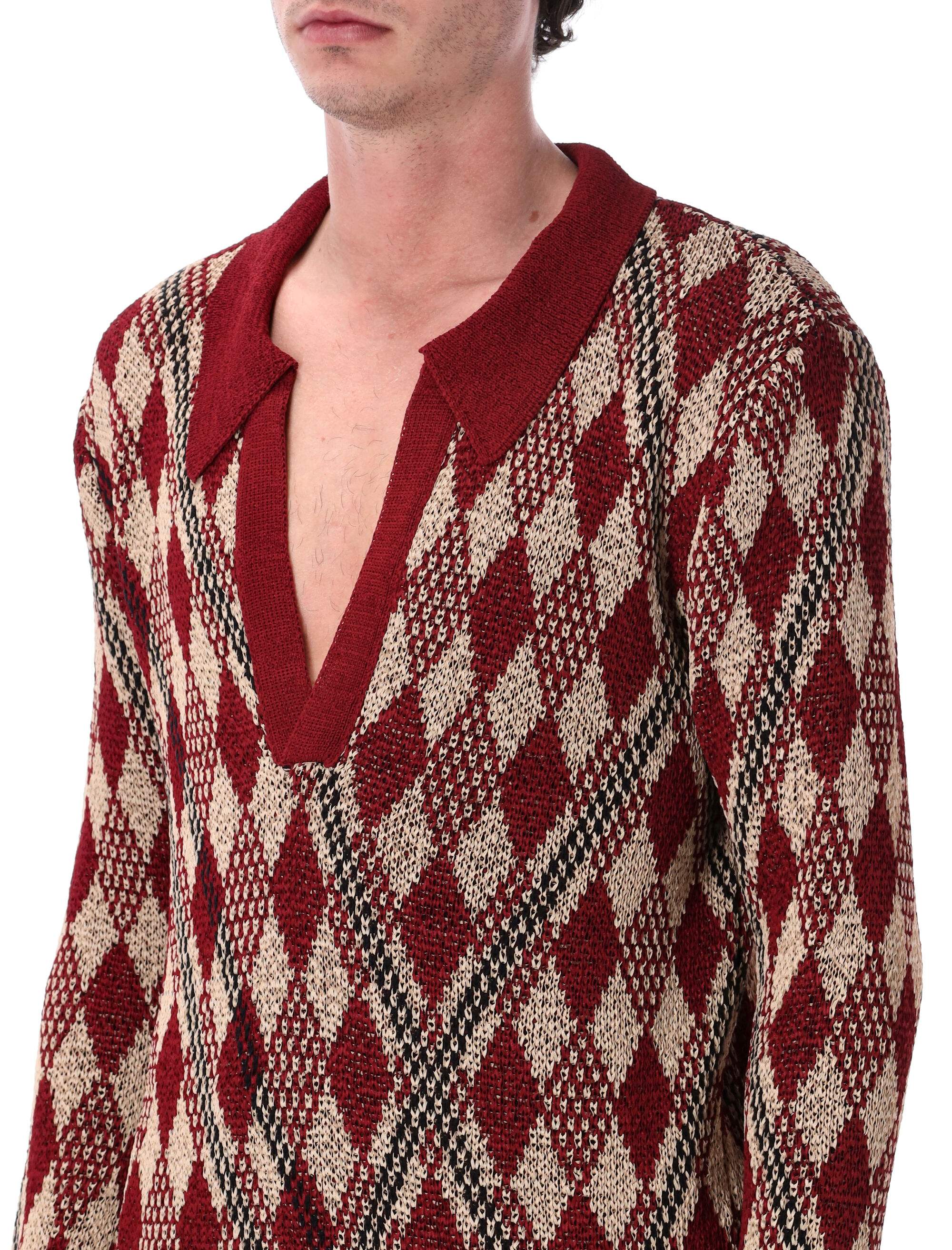 Dries Van Noten Knit Wool Diamond Polo Pullover - Image 3