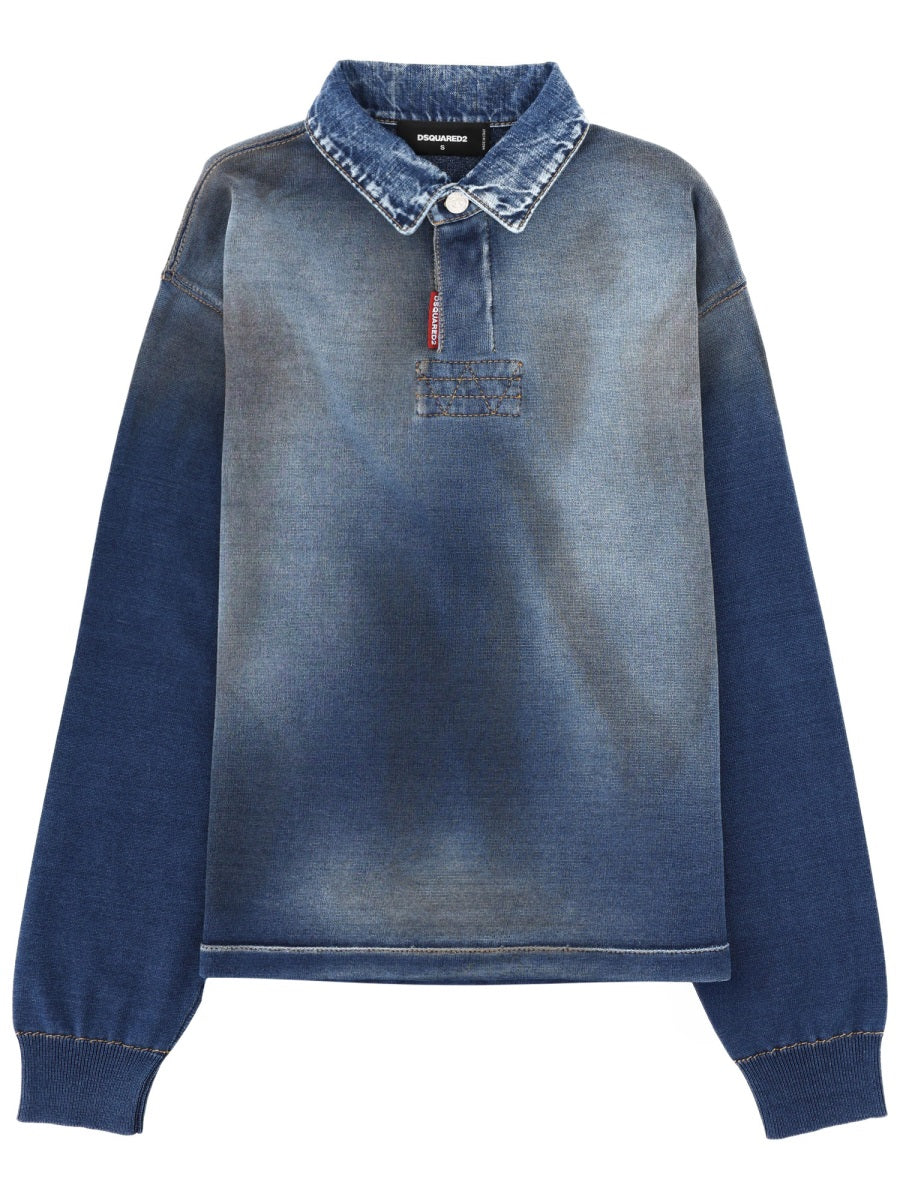DSQUARED Denim Effect Knit Long Sleeves Polo
