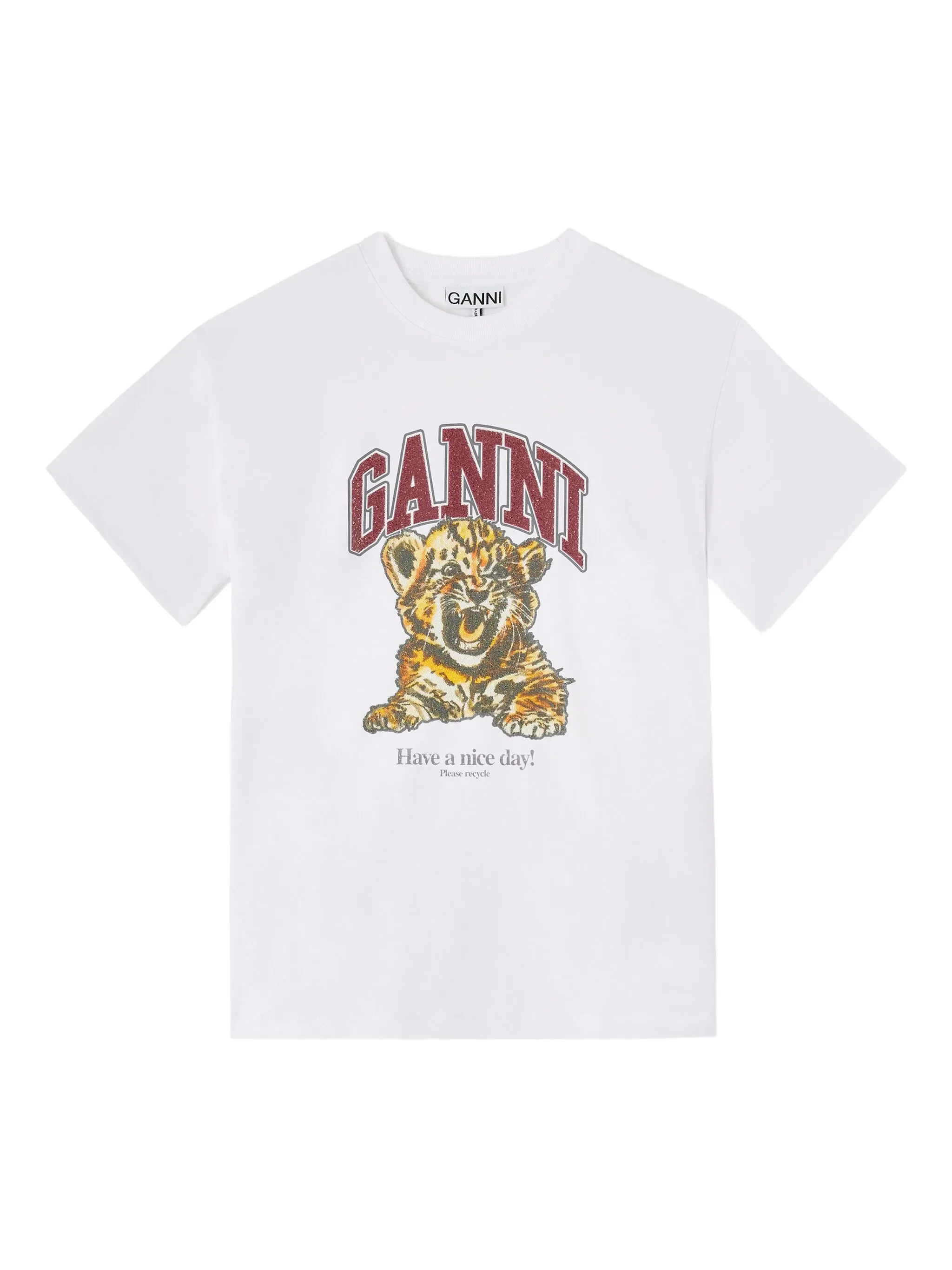Ganni Round Neck Short Sleeve T-Shirt with Tiger Graphic - Size S