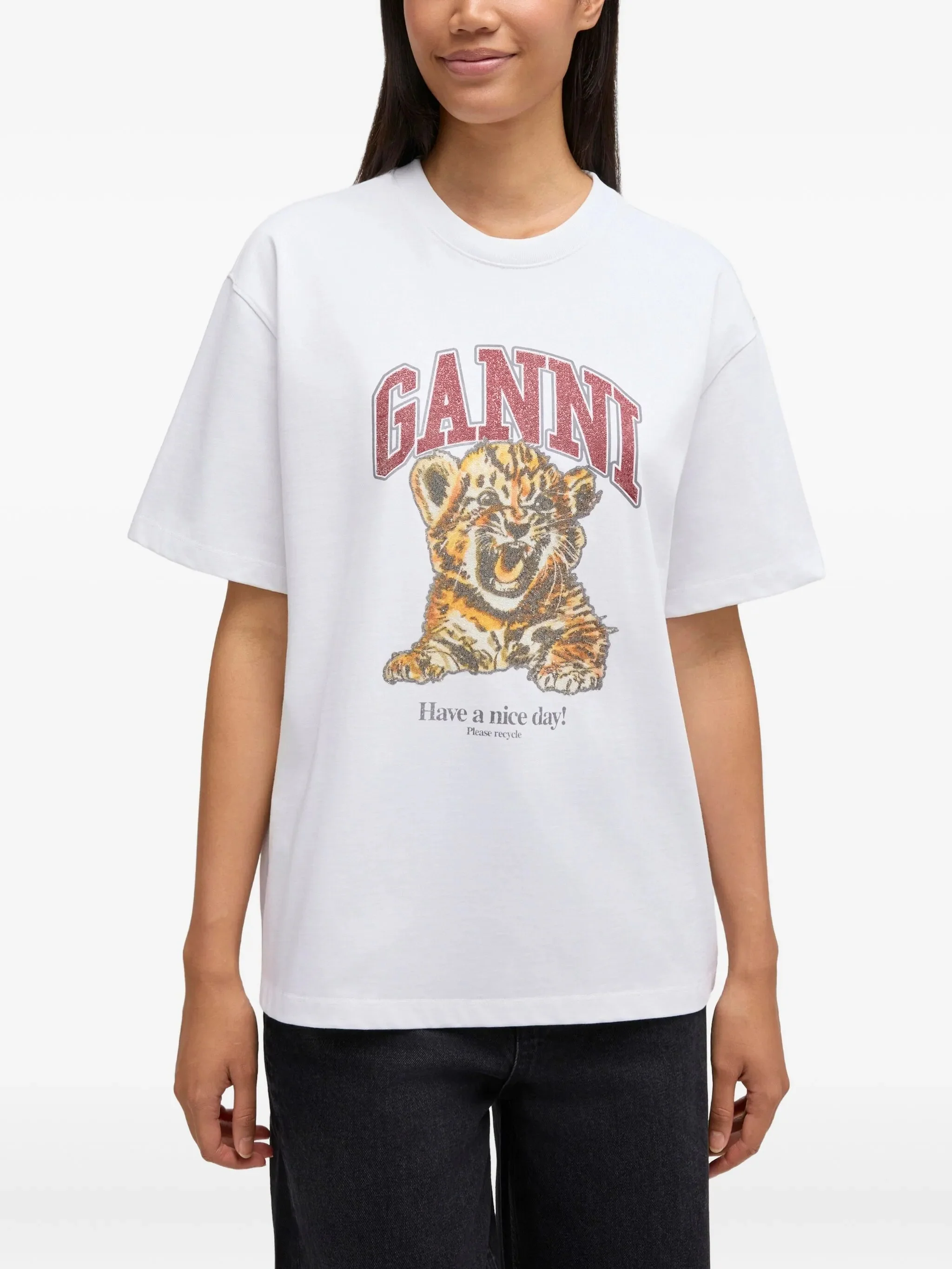 Ganni Round Neck Short Sleeve T-Shirt with Tiger Graphic - Size S - Image 3
