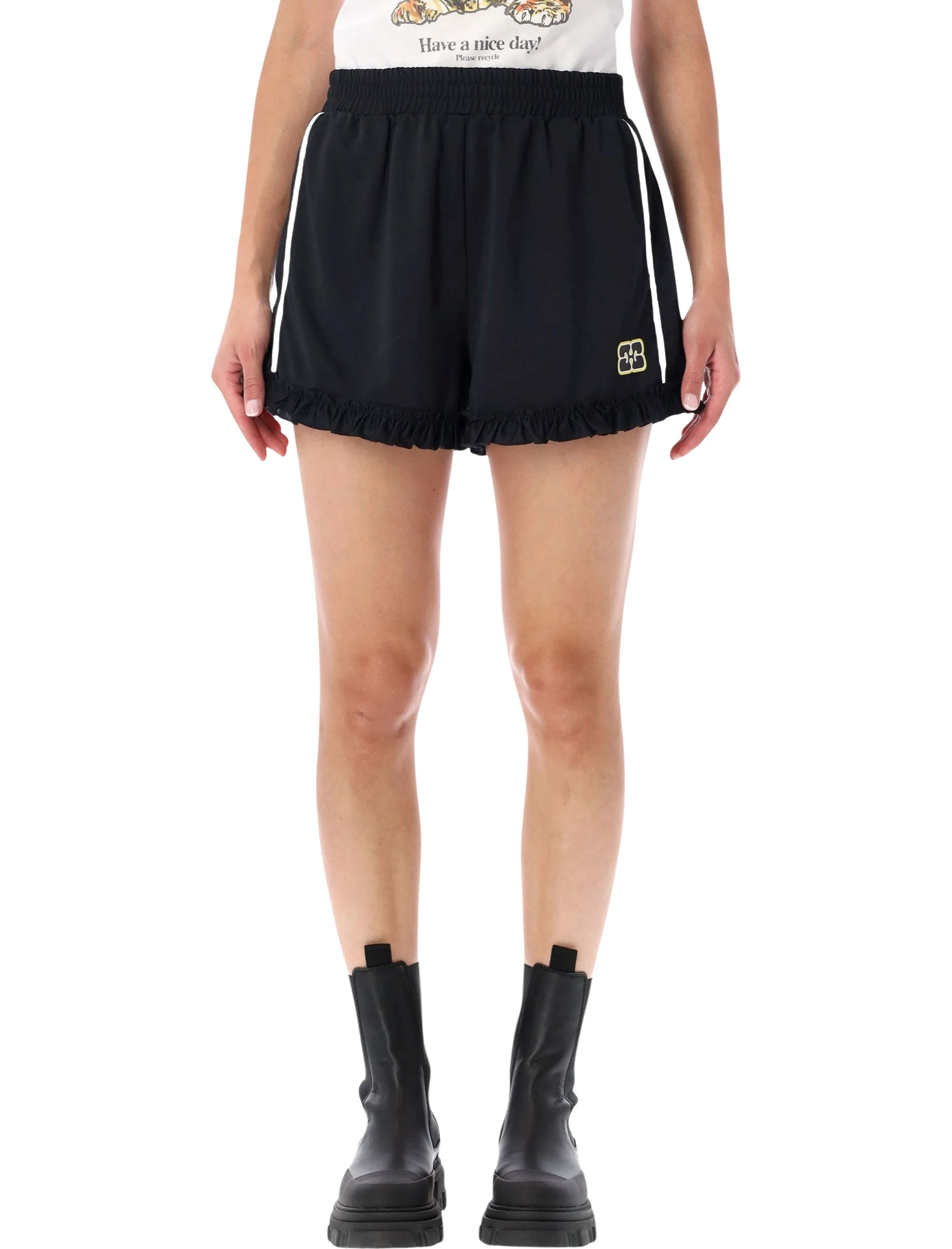 Ganni Sleek High-Waist Mini Shorts in Recycled Polyester
