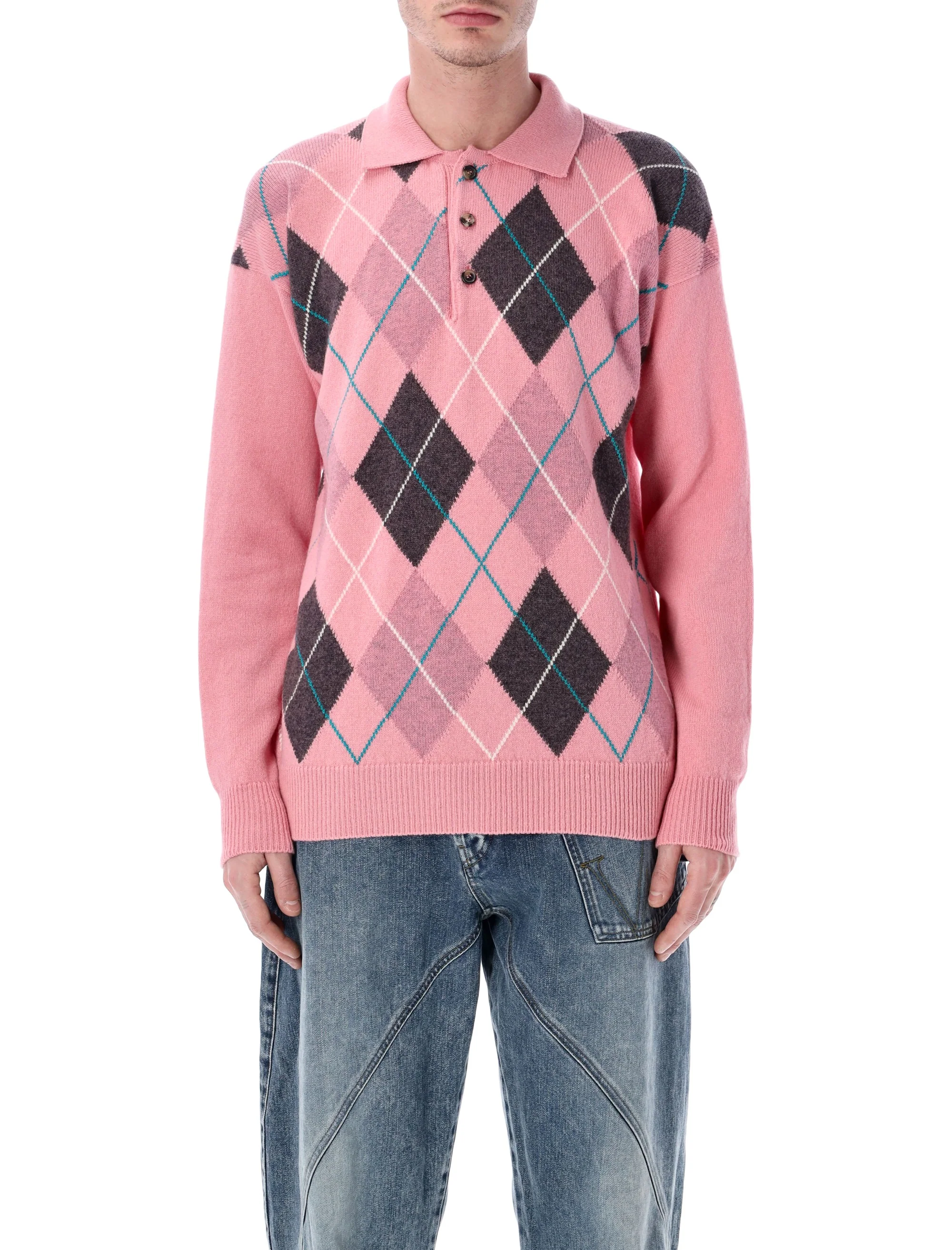 Jw Anderson Elevated Men's Knit Argyle Polo - Size M
