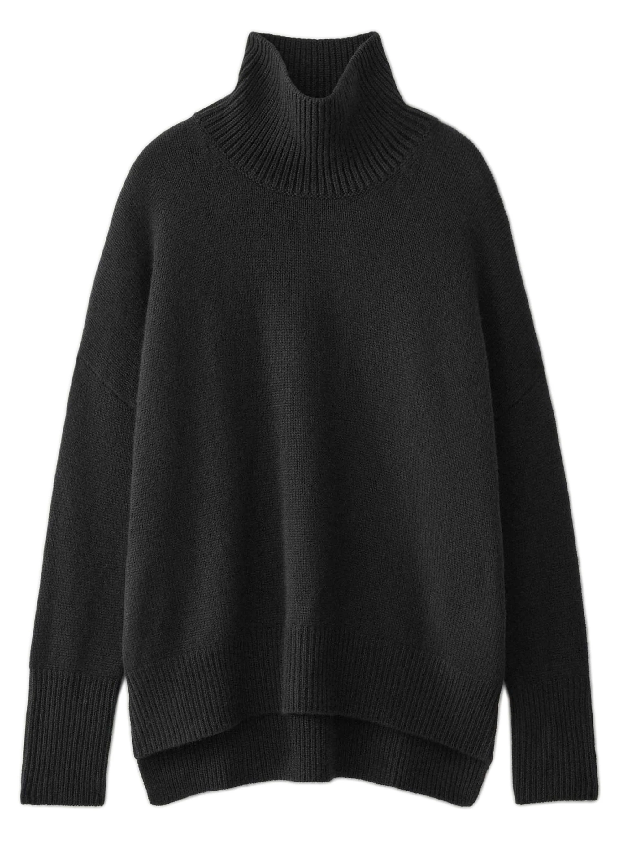 Lisa Yang Cashmere High-Neck Sweater with Ribbed Trim & High-Low Hem