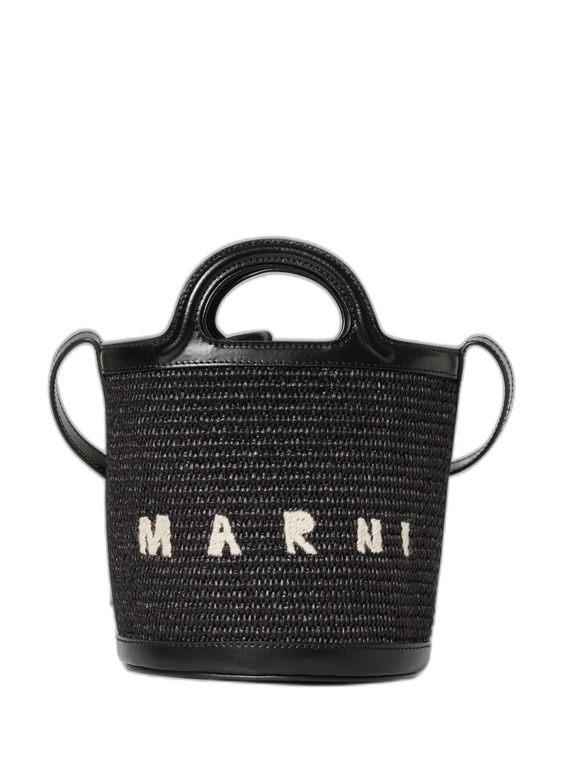 MARNI Tropicalia Small Bucket Bag in Leather and Raffia-effect Fabric