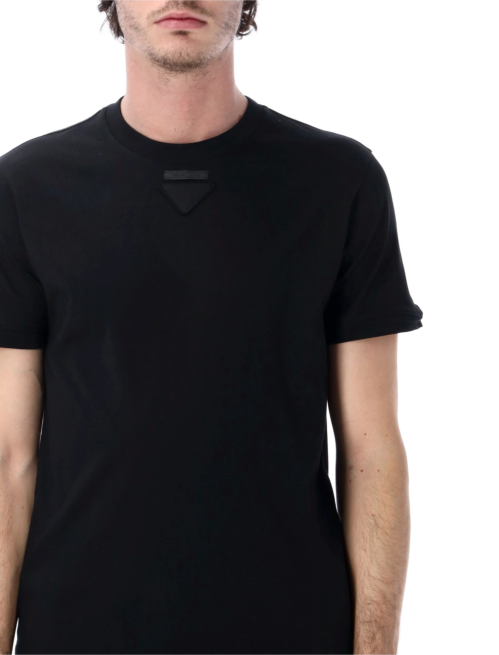 Prada Triangle-Appliqué Logo-Embroidery Cotton-Jersey T-Shirt - Image 3