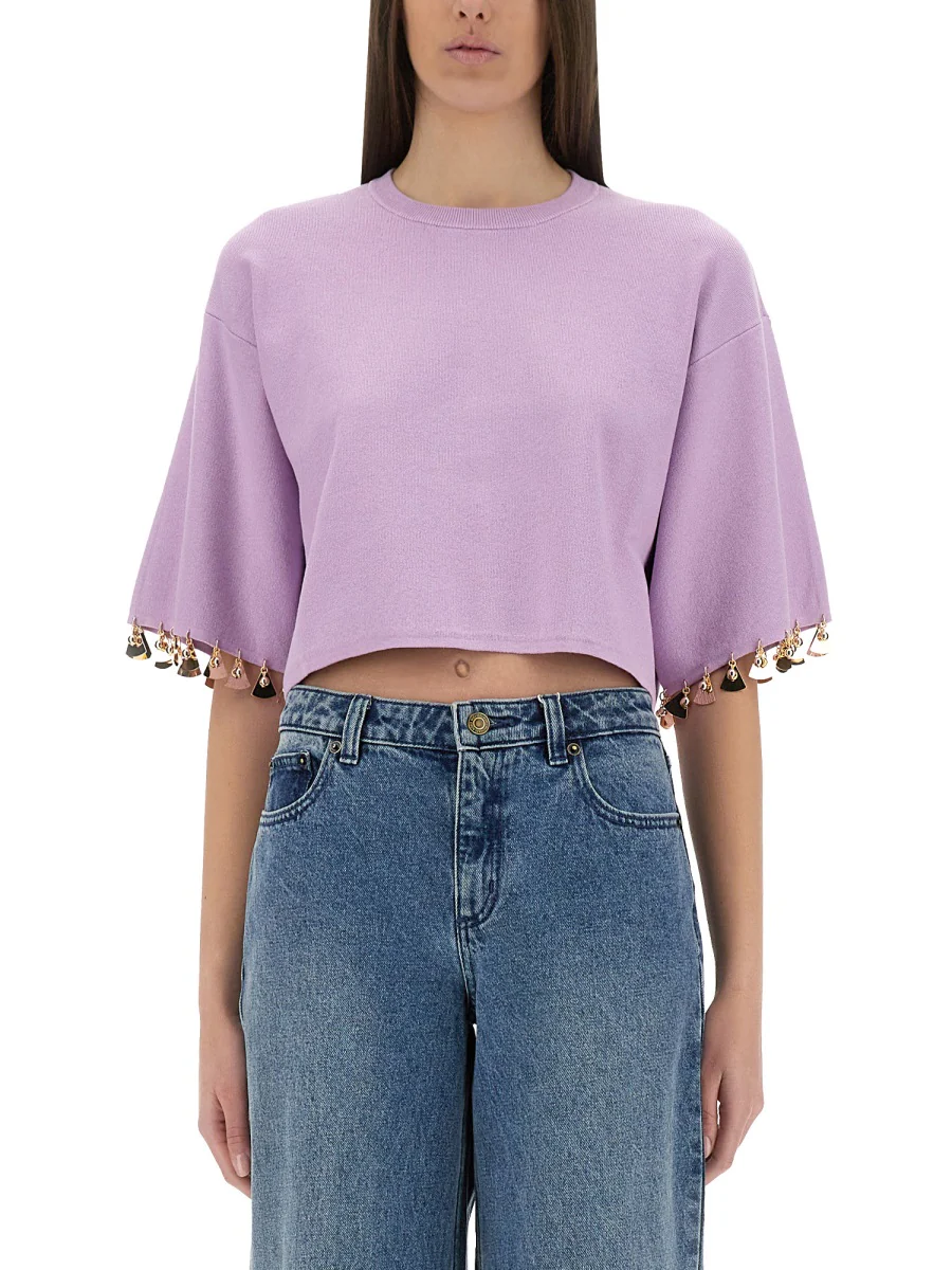 RABANNE Cropped Embellished Gathered Cotton-jersey T-shirt