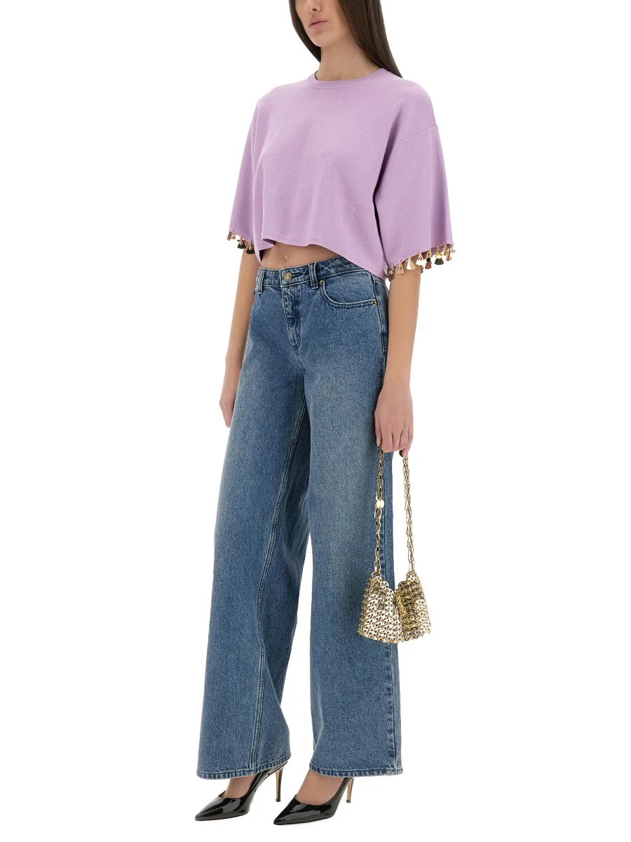 RABANNE Cropped Embellished Gathered Cotton-jersey T-shirt - Image 2