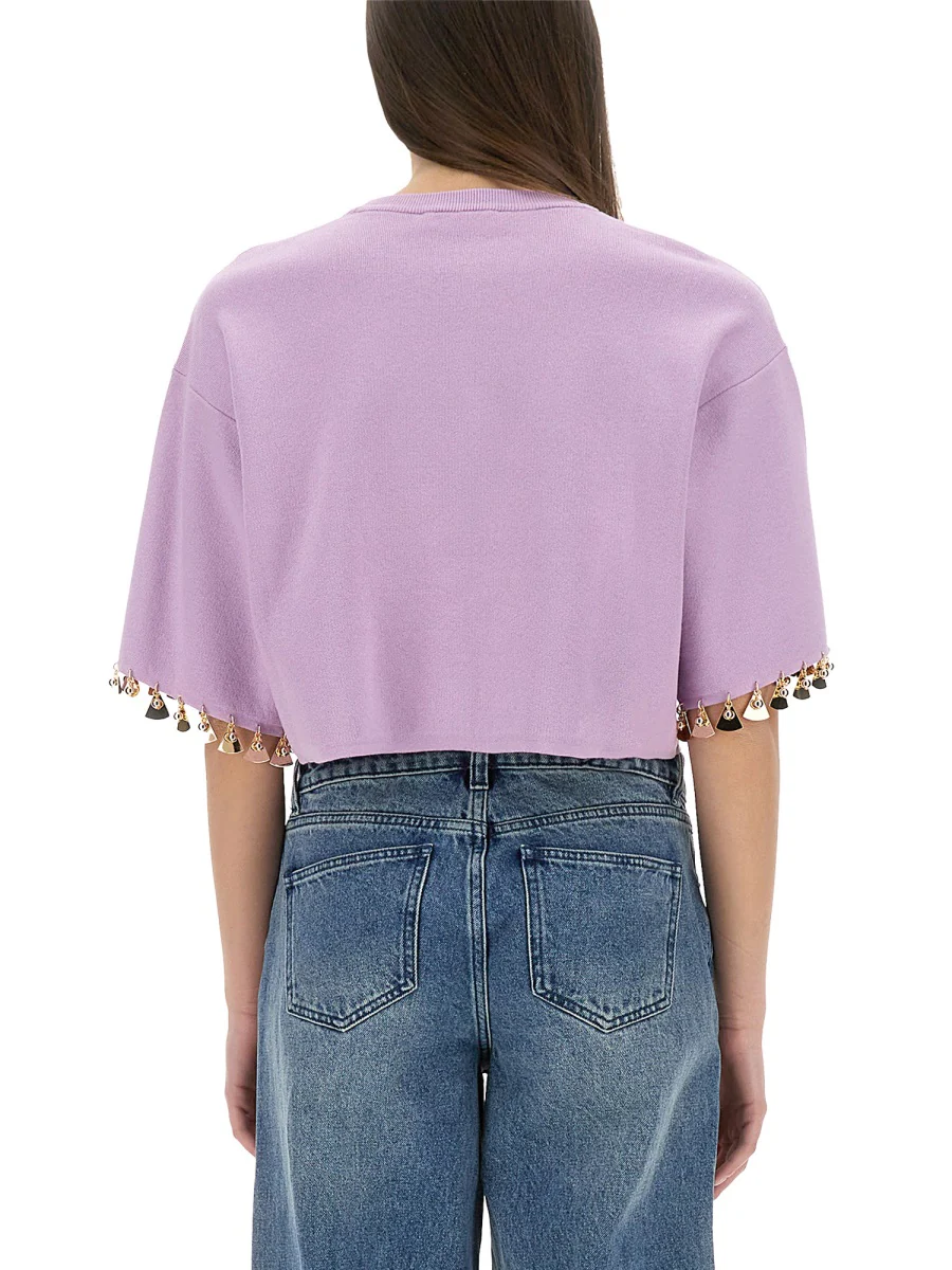 RABANNE Cropped Embellished Gathered Cotton-jersey T-shirt - Image 3