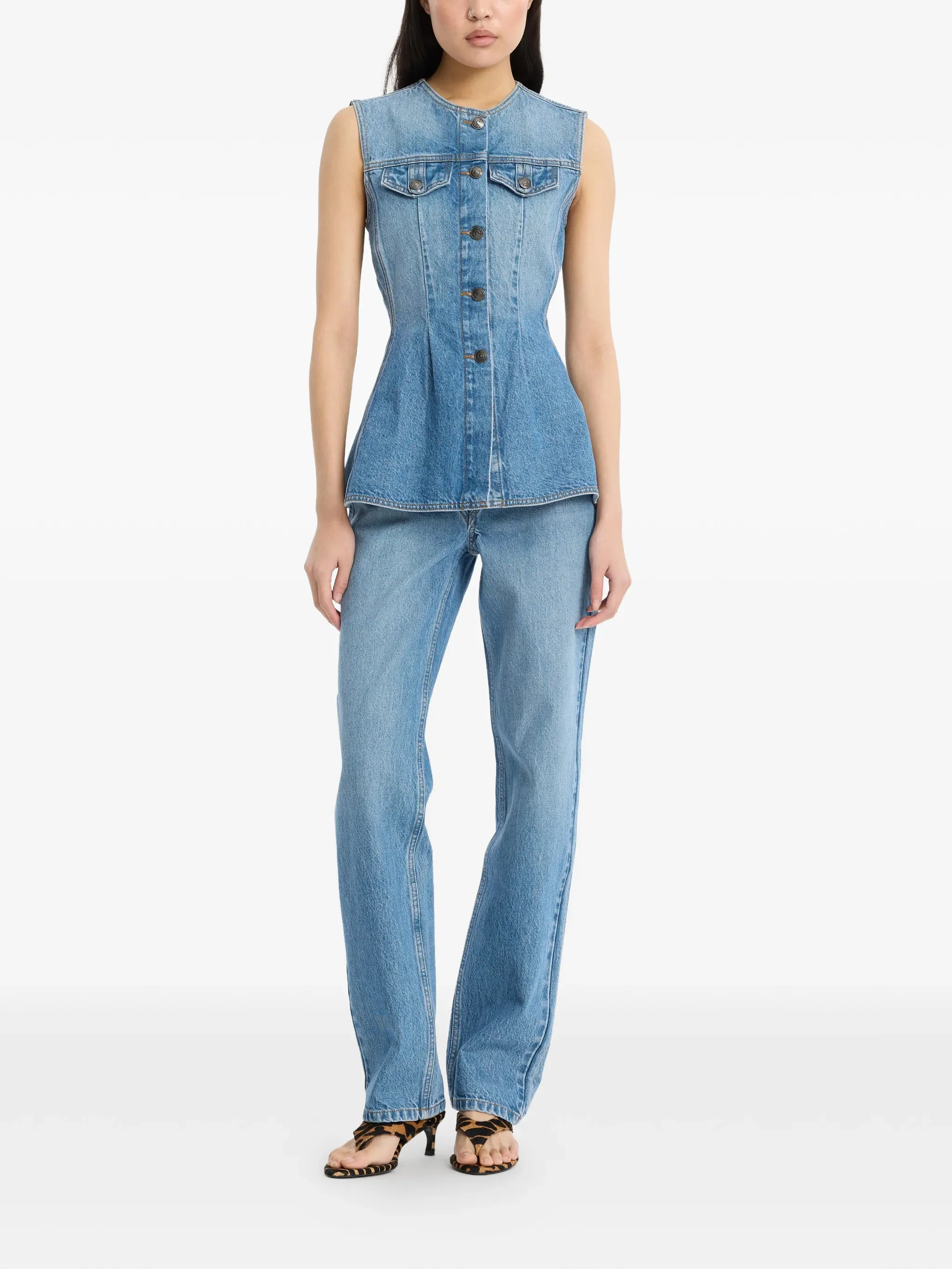 Rotate Round Neck Button-Up Shirt with Chest Pockets - Size 34 - Image 2