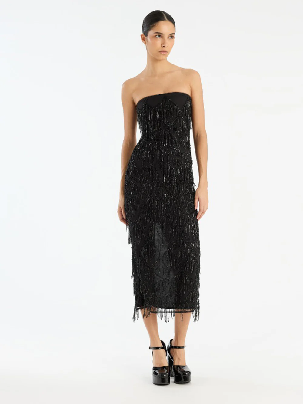 Rotate Sequin Midi Tube Dress with Beaded Fringe Trim - Image 2