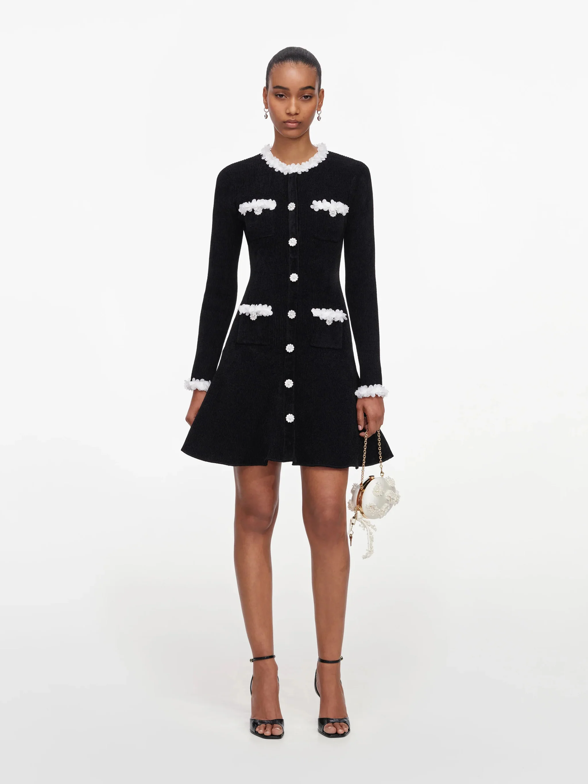 Self-portrait Button-Front Dress with Contrast Floral Trim and Functional Pockets