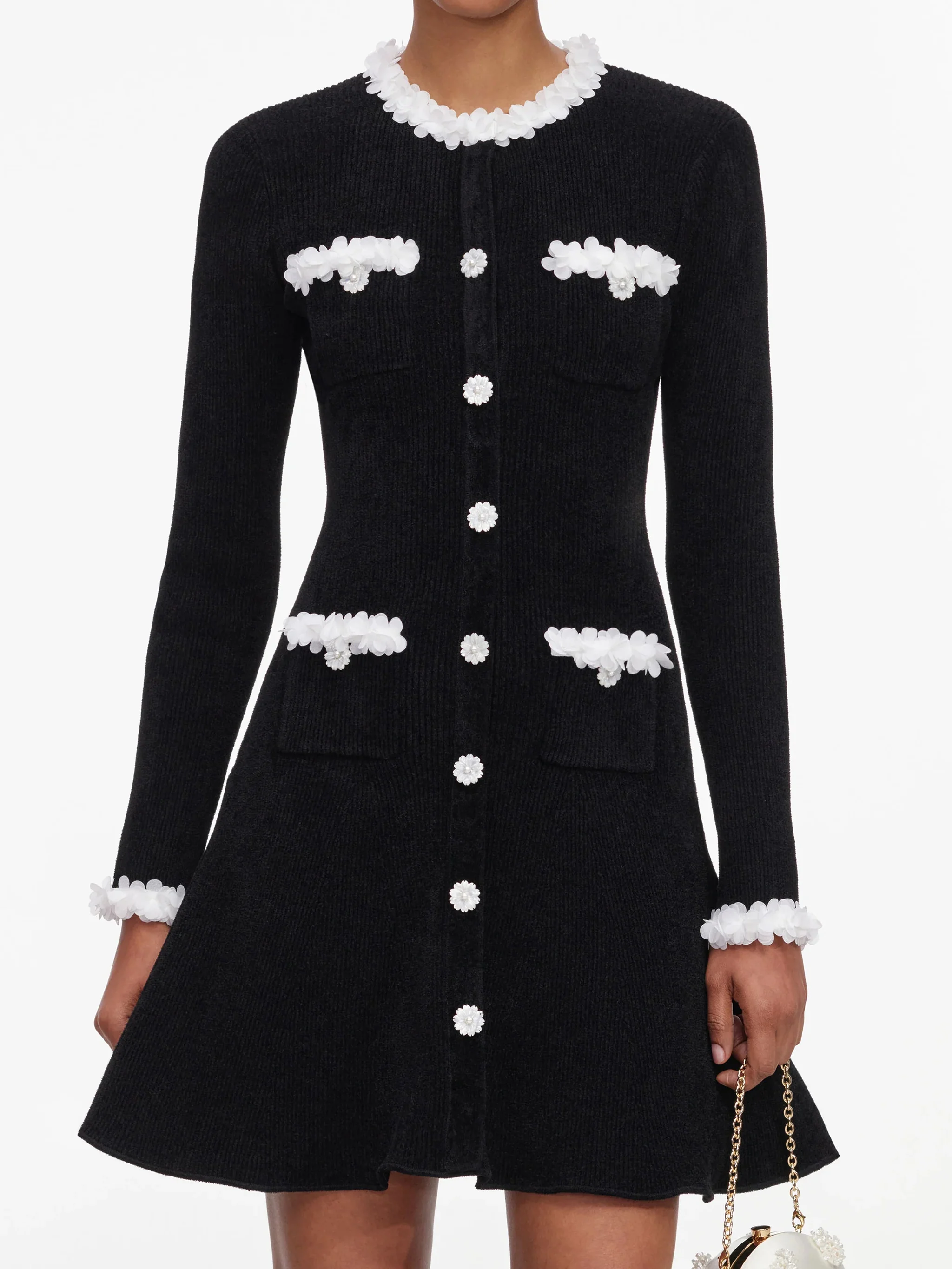 Self-portrait Button-Front Dress with Contrast Floral Trim and Functional Pockets - Image 4