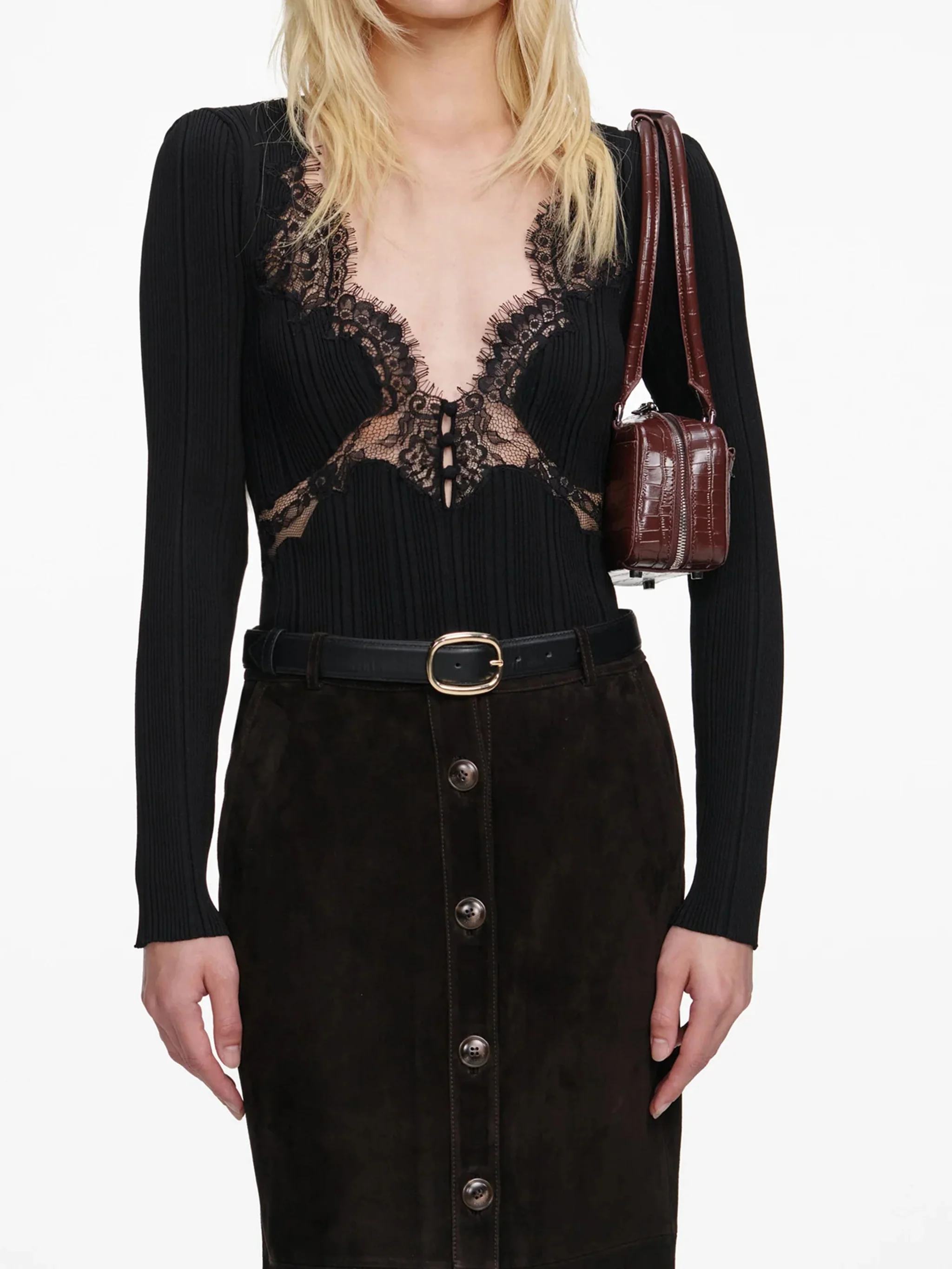 Self-portrait Long-Sleeved Knit Top with Plunge Neckline - Size S - Image 4
