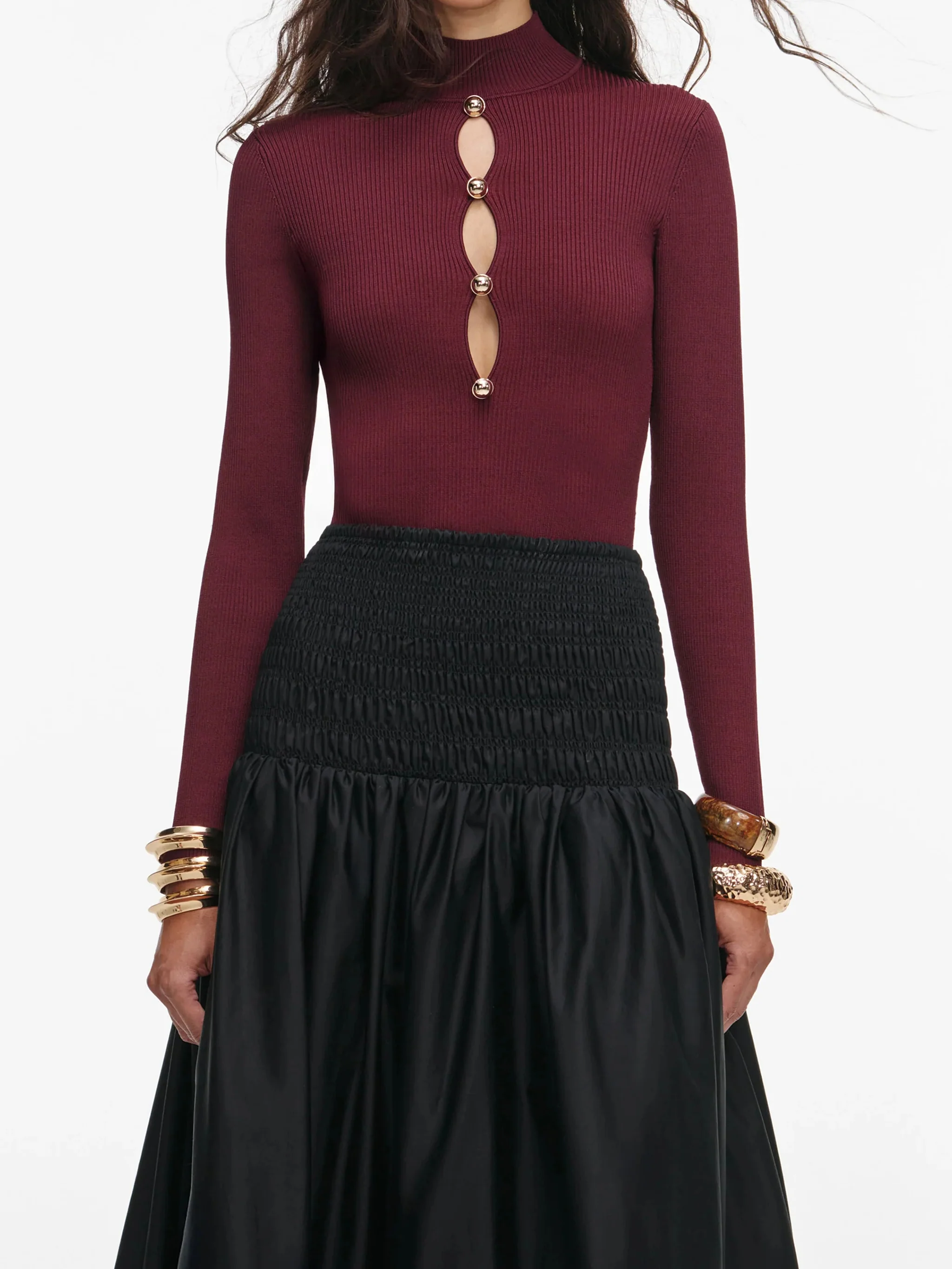Self-portrait Long-Sleeved Ribbed Knit Top with Gold Buttons - Size S - Image 4