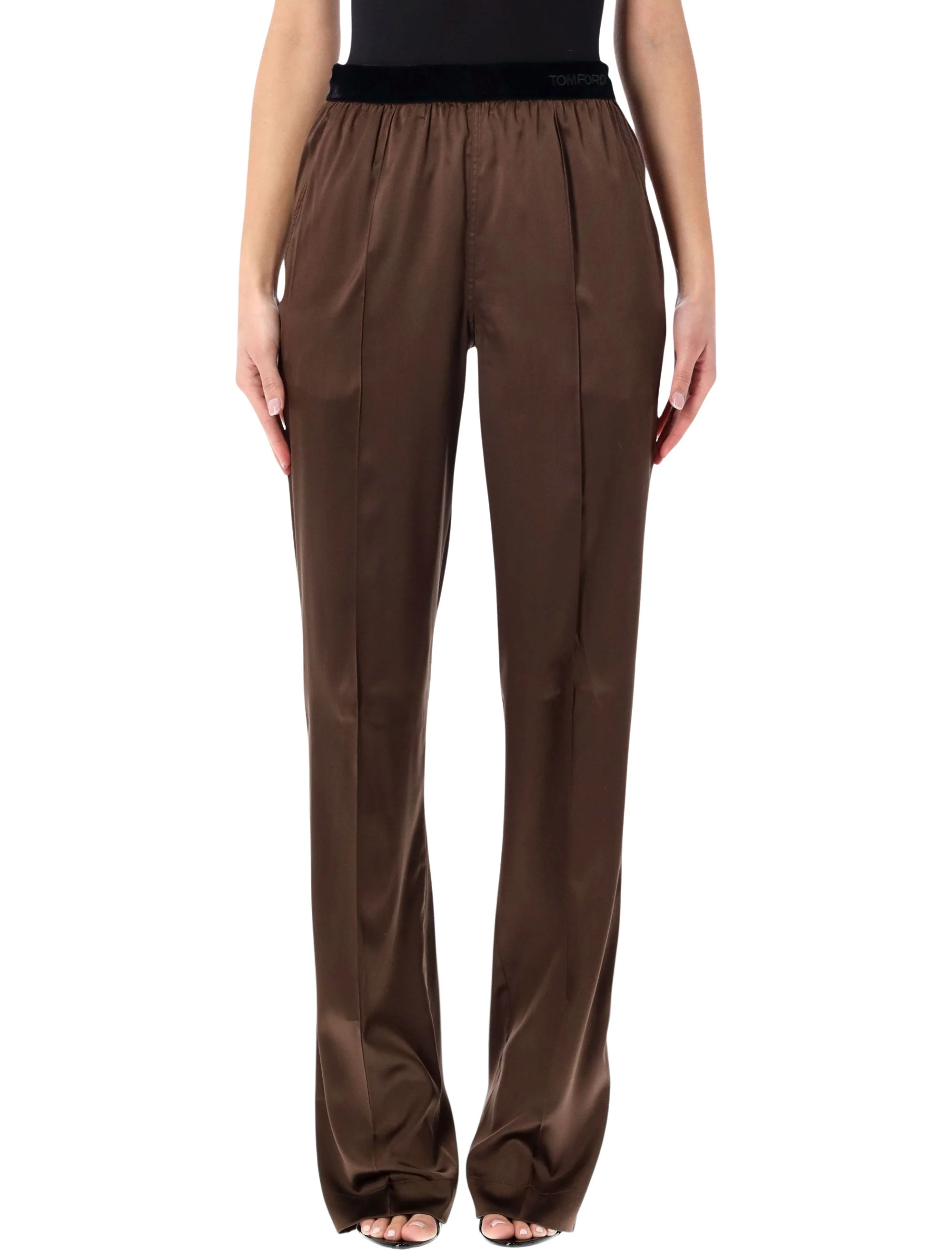 Tom Ford Pajama Style Pants in Stretch Silk Satin with Velvet Waist and Embroidered Logo
