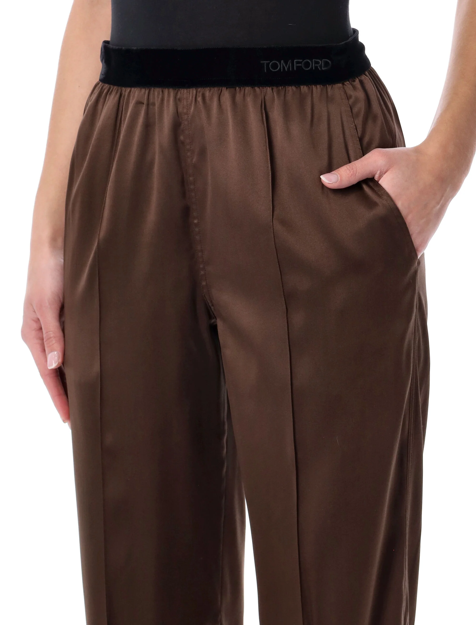 Tom Ford Pajama Style Pants in Stretch Silk Satin with Velvet Waist and Embroidered Logo - Image 3