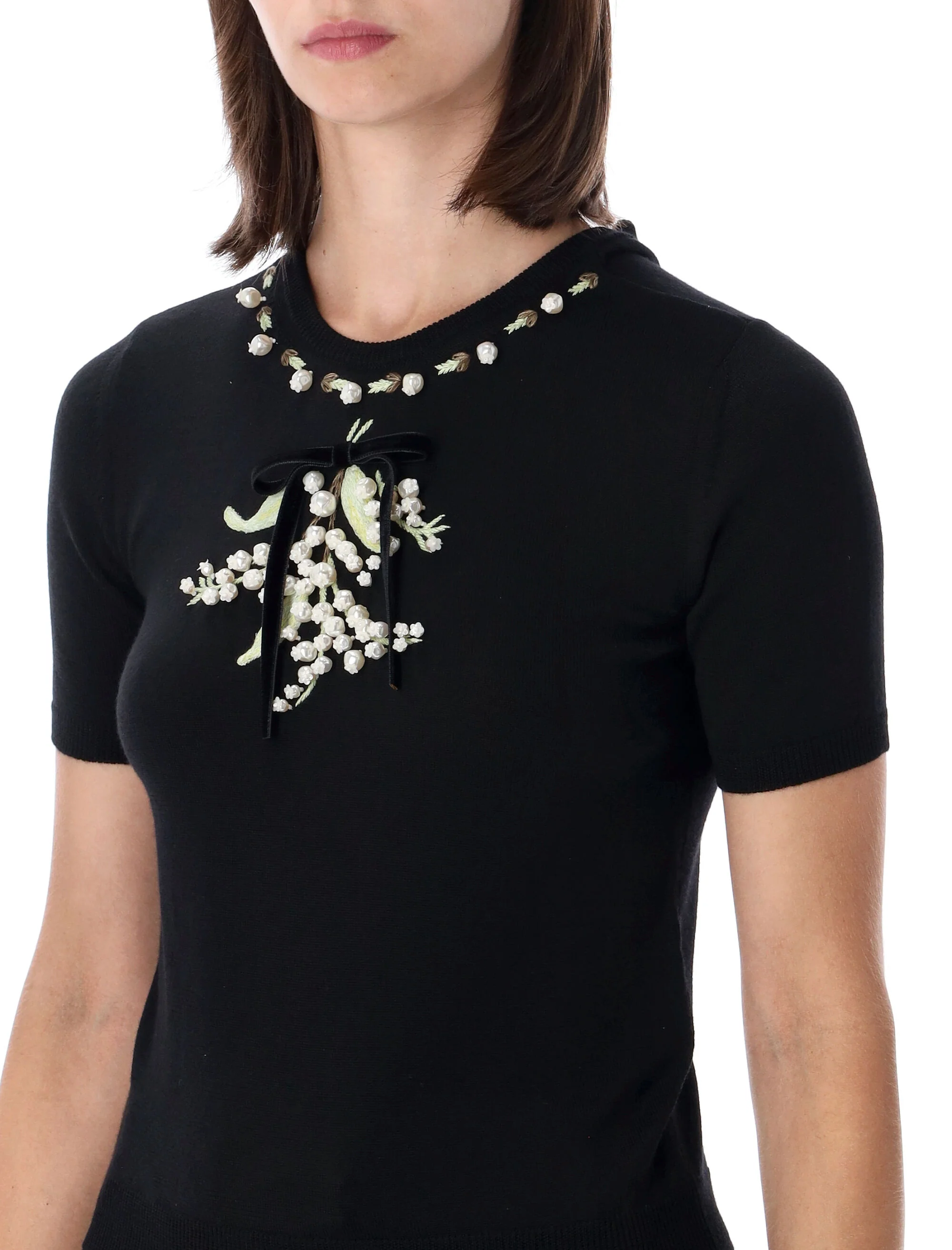 Valentino Garavani Embroidered Floral Virgin Wool Pullover Sweater with Velvet Bow - Image 3