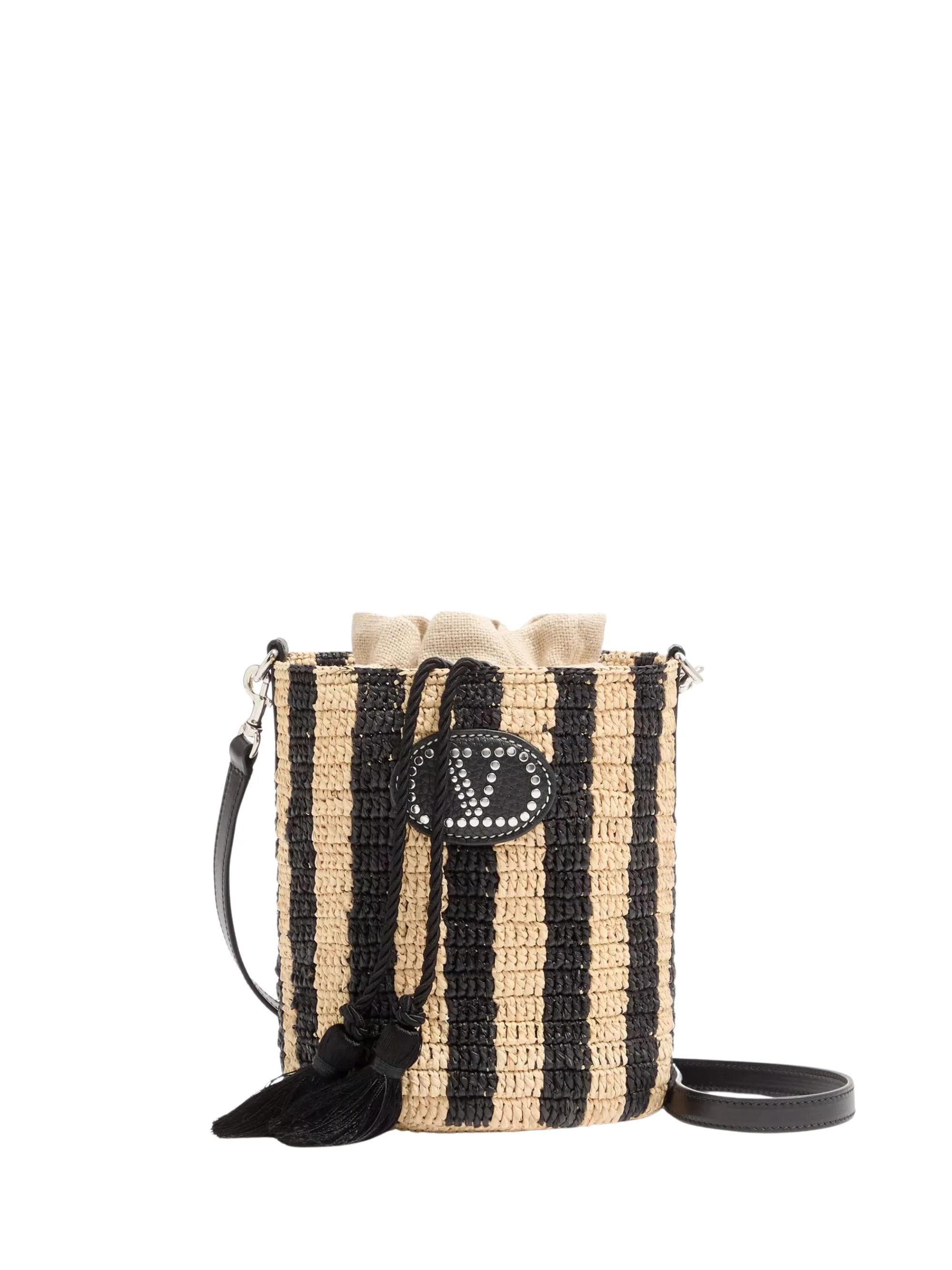 Valentino Garavani Raffia Bucket Handbag with Drawstring Closure - 15.5 x 19 x 15.5 cm