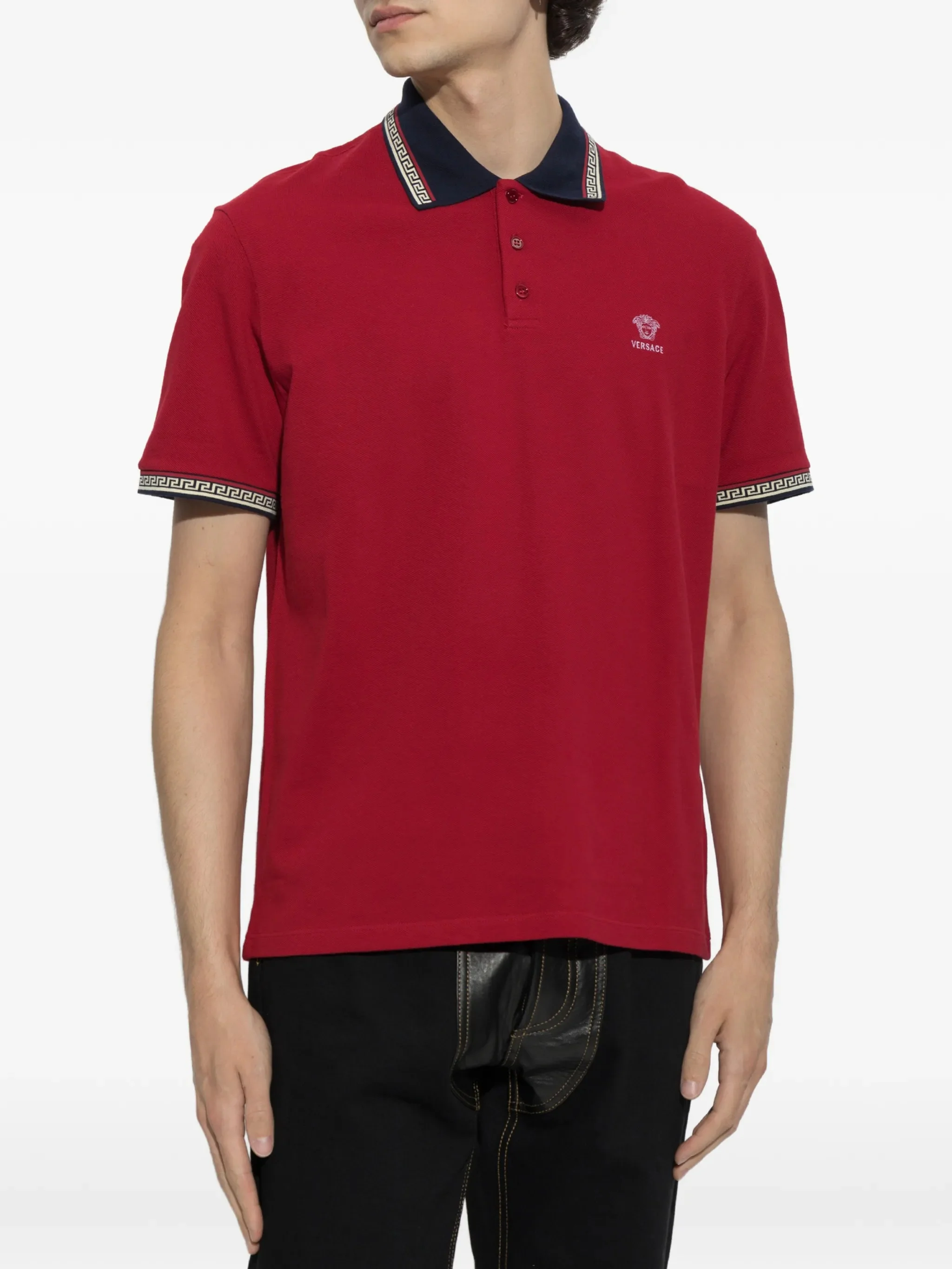 Versace-Style Embroidered Medusa Logo Greek Motif Shirt-Collar Polo with Three-Button Placket - Image 3