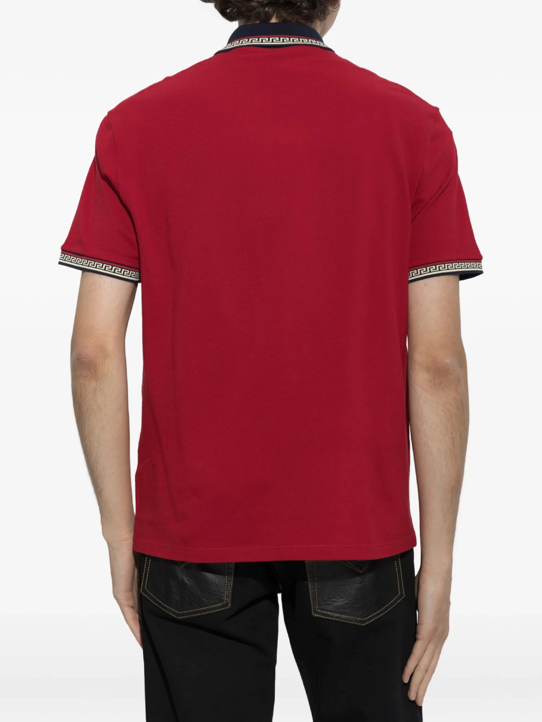 Versace-Style Embroidered Medusa Logo Greek Motif Shirt-Collar Polo with Three-Button Placket - Image 4