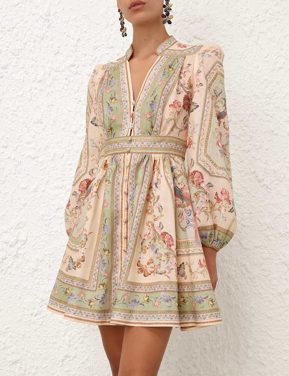 Zimmermann Mini V-Neck Dress with Stand Collar and Stone Buttons - Size 0 - Image 2