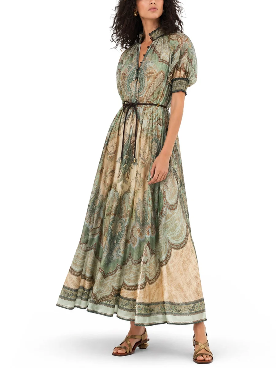 ZIMMERMANN Wanderlust Belted Shirred Printed Silk-habotai Midi Dress